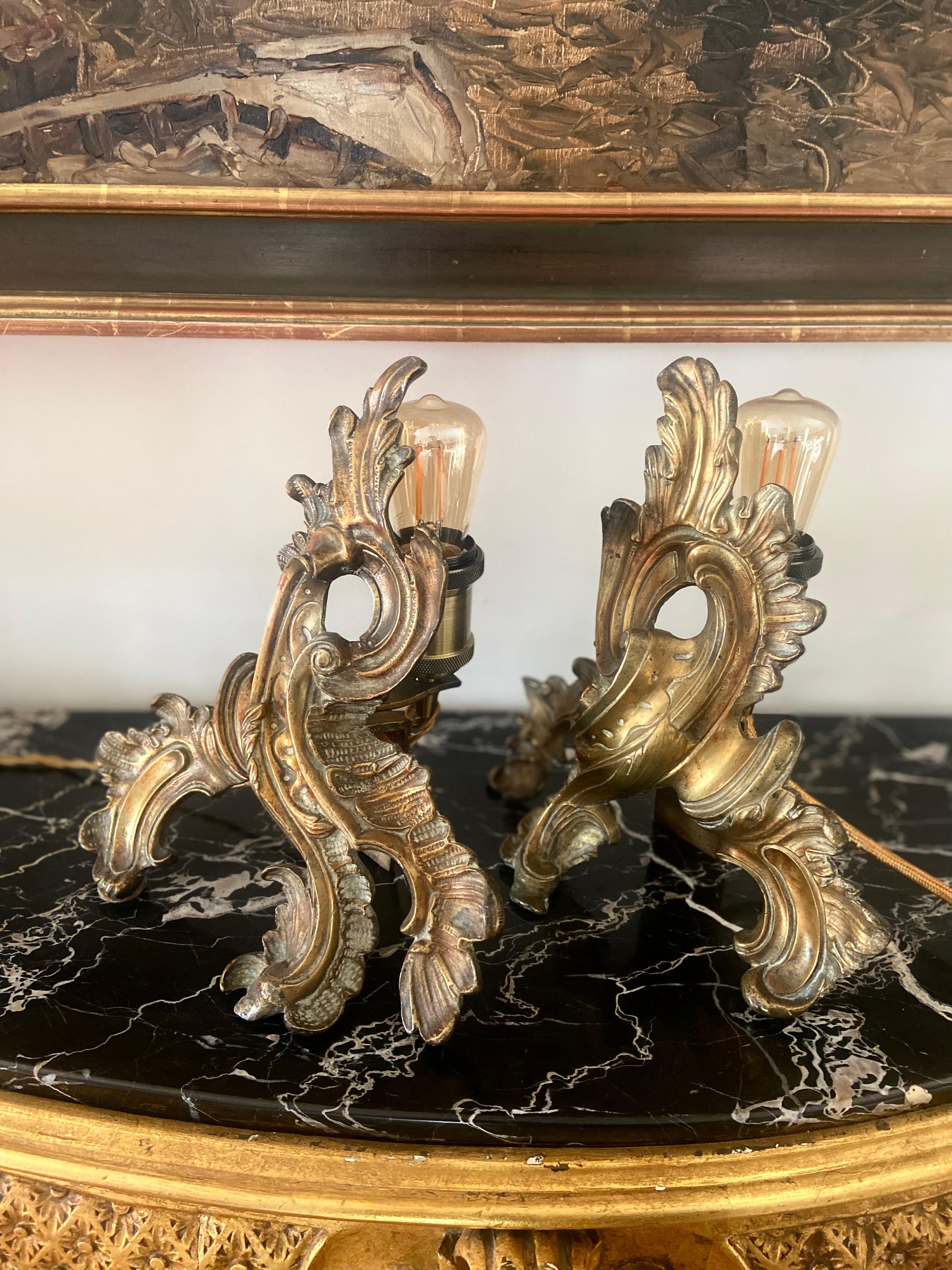 Louis XVI 19th Century Pair of Table Lamps Made of French Electrified Bronze Fire Dogs For Sale