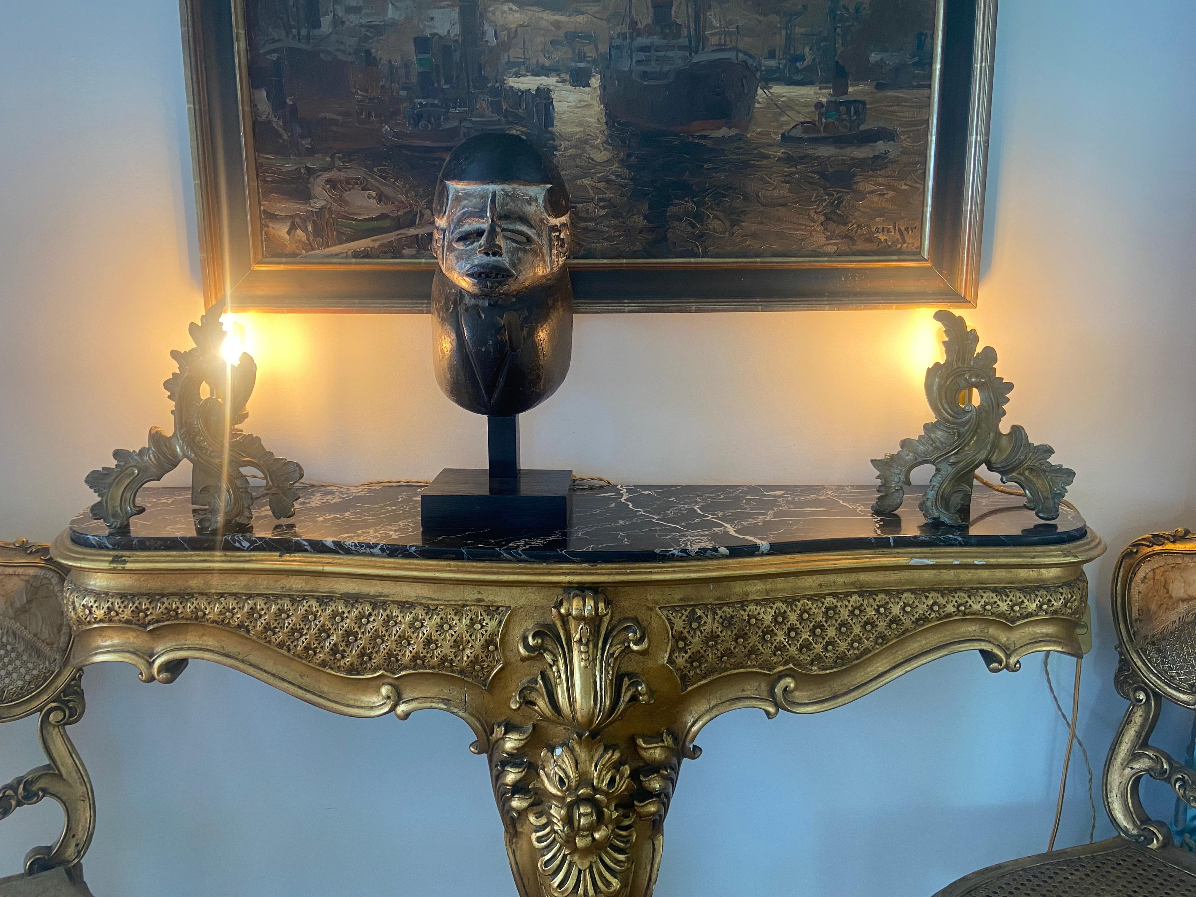 Hand-Carved 19th Century Pair of Table Lamps Made of French Electrified Bronze Fire Dogs For Sale