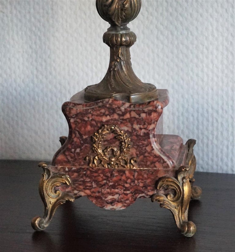 19th Century Pair of Tall Classical Bronze Urn Candleholders on Red Marble Base For Sale 5