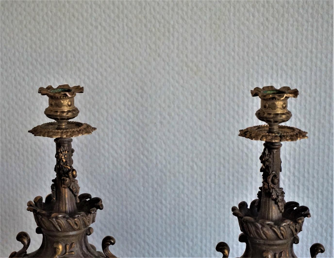Cast 19th Century Pair of Tall Classical Bronze Urn Candleholders on Red Marble Base
