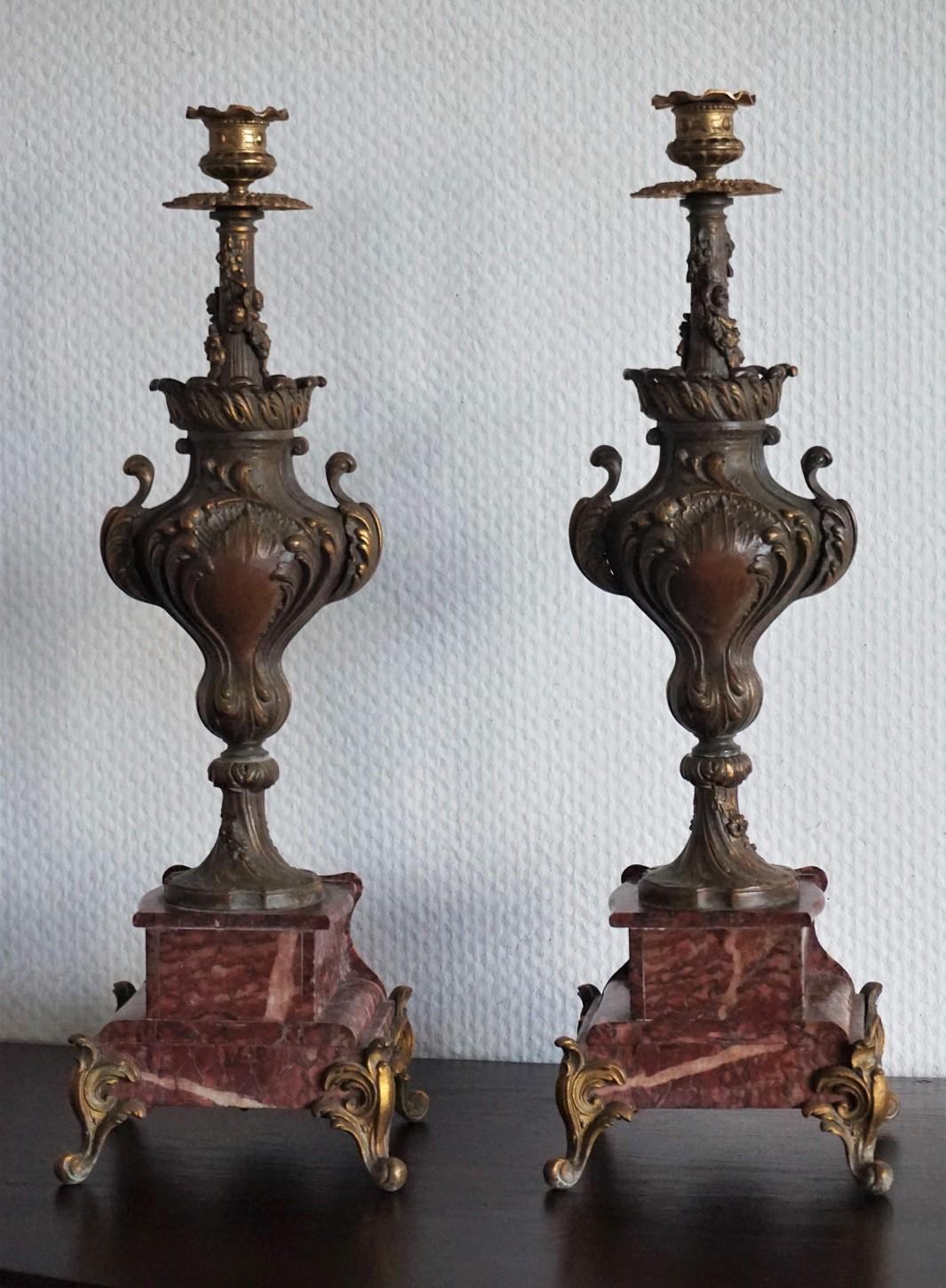 19th Century Pair of Tall Classical Bronze Urn Candleholders on Red Marble Base 1