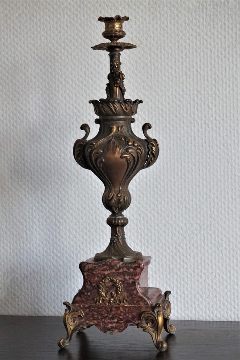19th Century Pair of Tall Classical Bronze Urn Candleholders on Red Marble Base For Sale 2