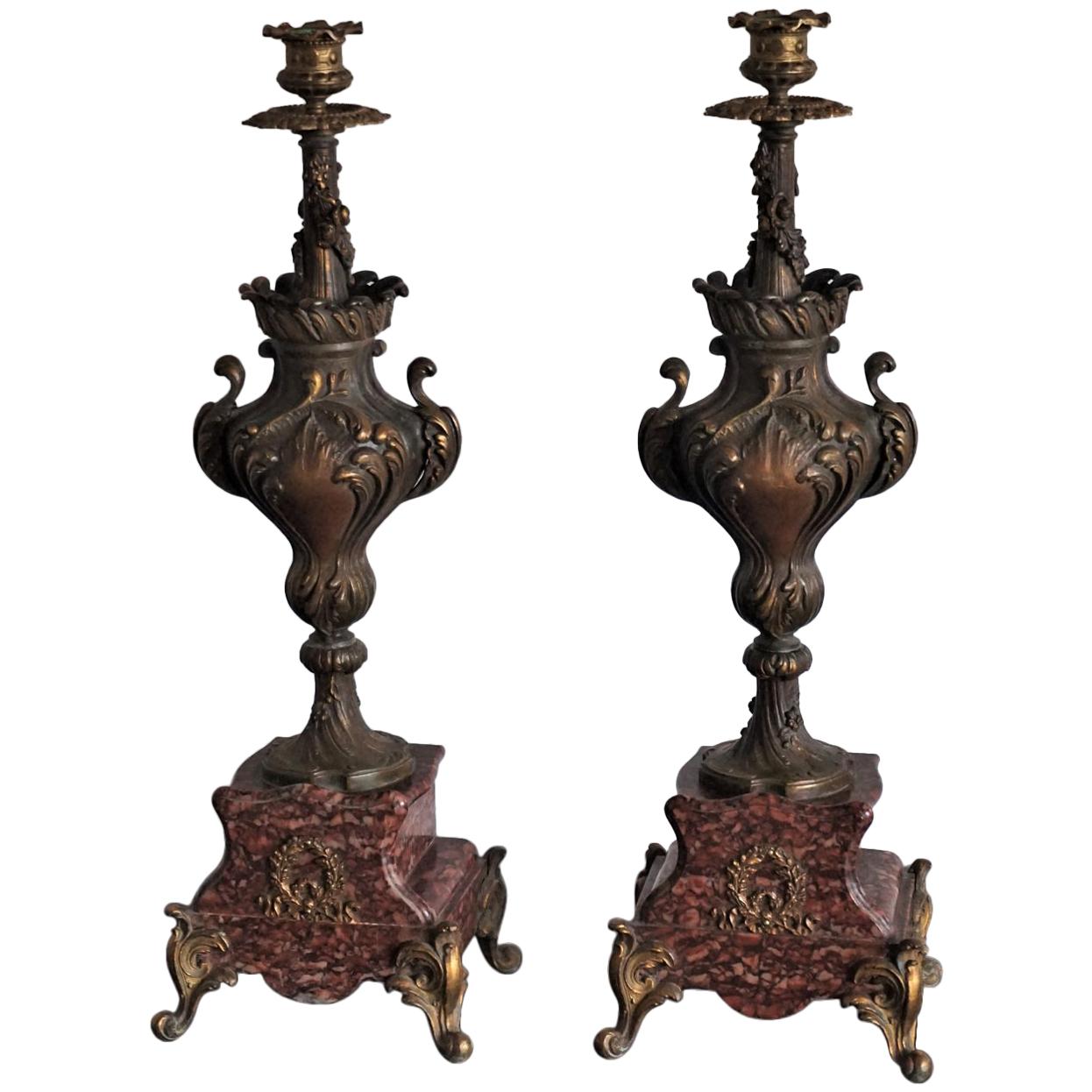 19th Century Pair of Tall Classical Bronze Urn Candleholders on Red Marble Base