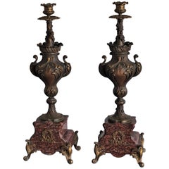 Antique 19th Century Pair of Tall Classical Bronze Urn Candleholders on Red Marble Base