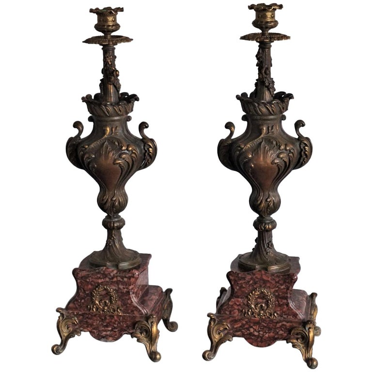 19th Century Pair of Tall Classical Bronze Urn Candleholders on Red Marble Base For Sale