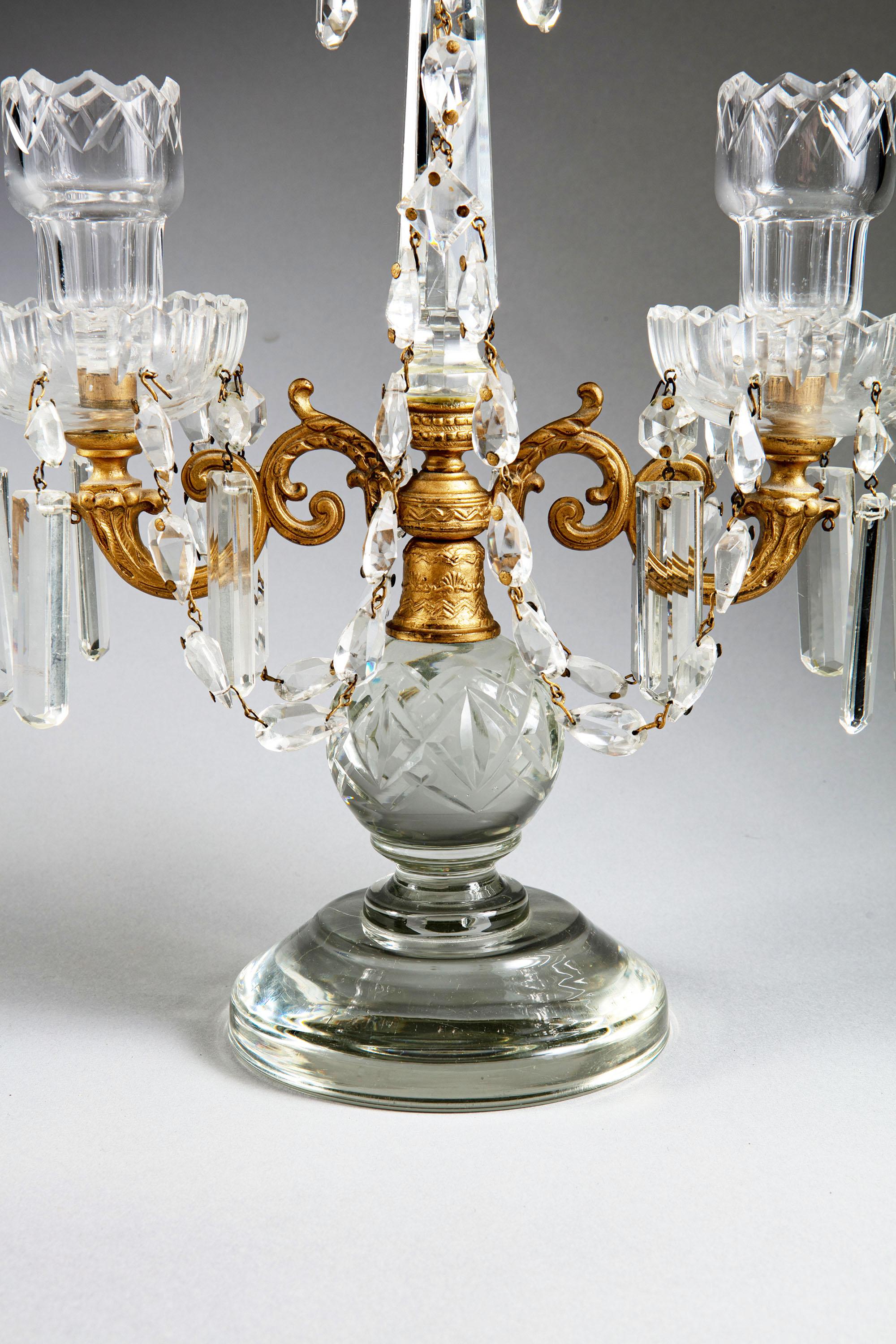 English 19th Century Pair of Tall Cut Glass and Gilt Metal Table Lustres Candelabra