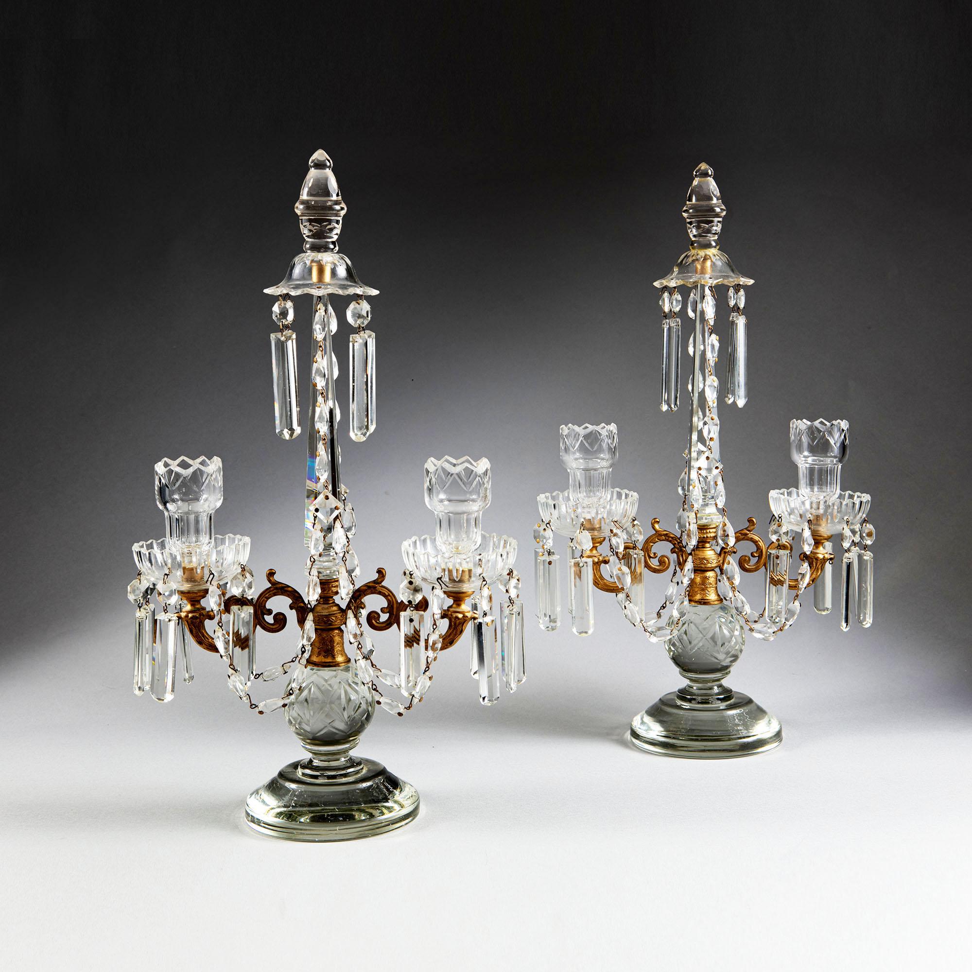 19th Century Pair of Tall Cut Glass and Gilt Metal Table Lustres Candelabra 1
