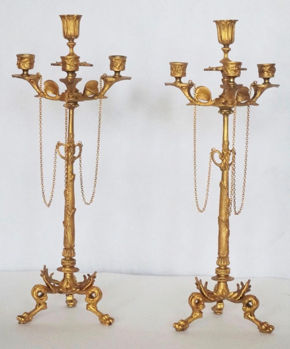 19th Century Pair of Tall French Empire Gilt Bronze Four-Light Candelabra  at 1stDibs