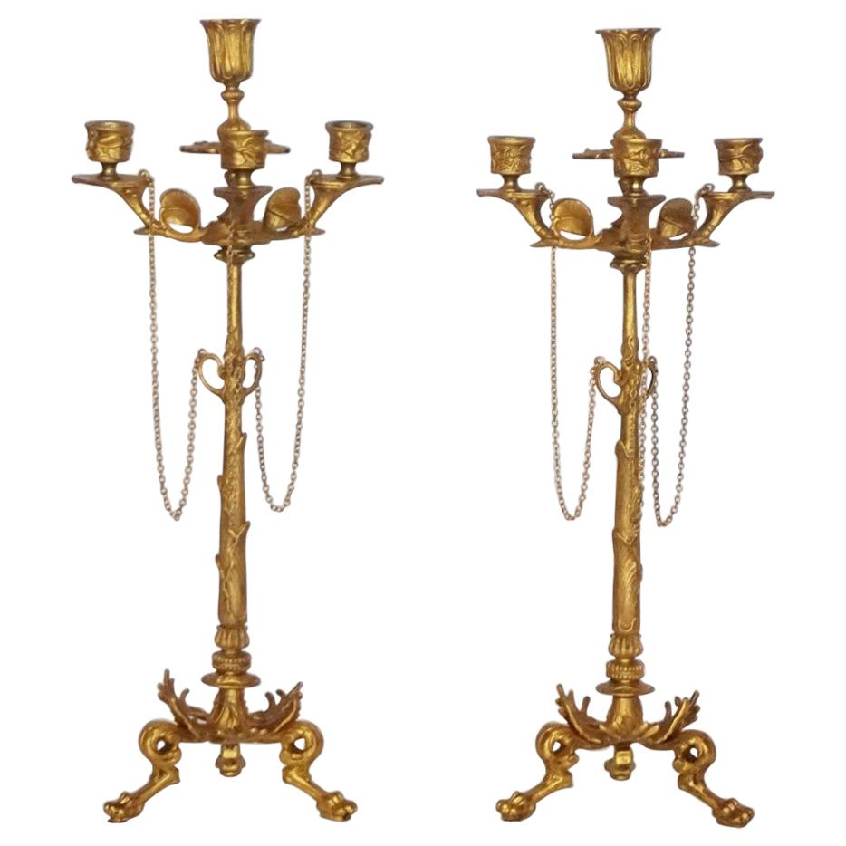 19th Century Pair of Tall French Empire Gilt Bronze FourLight