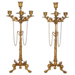 19th Century Pair of Tall French Empire Gilt Bronze Four-Light Candelabra