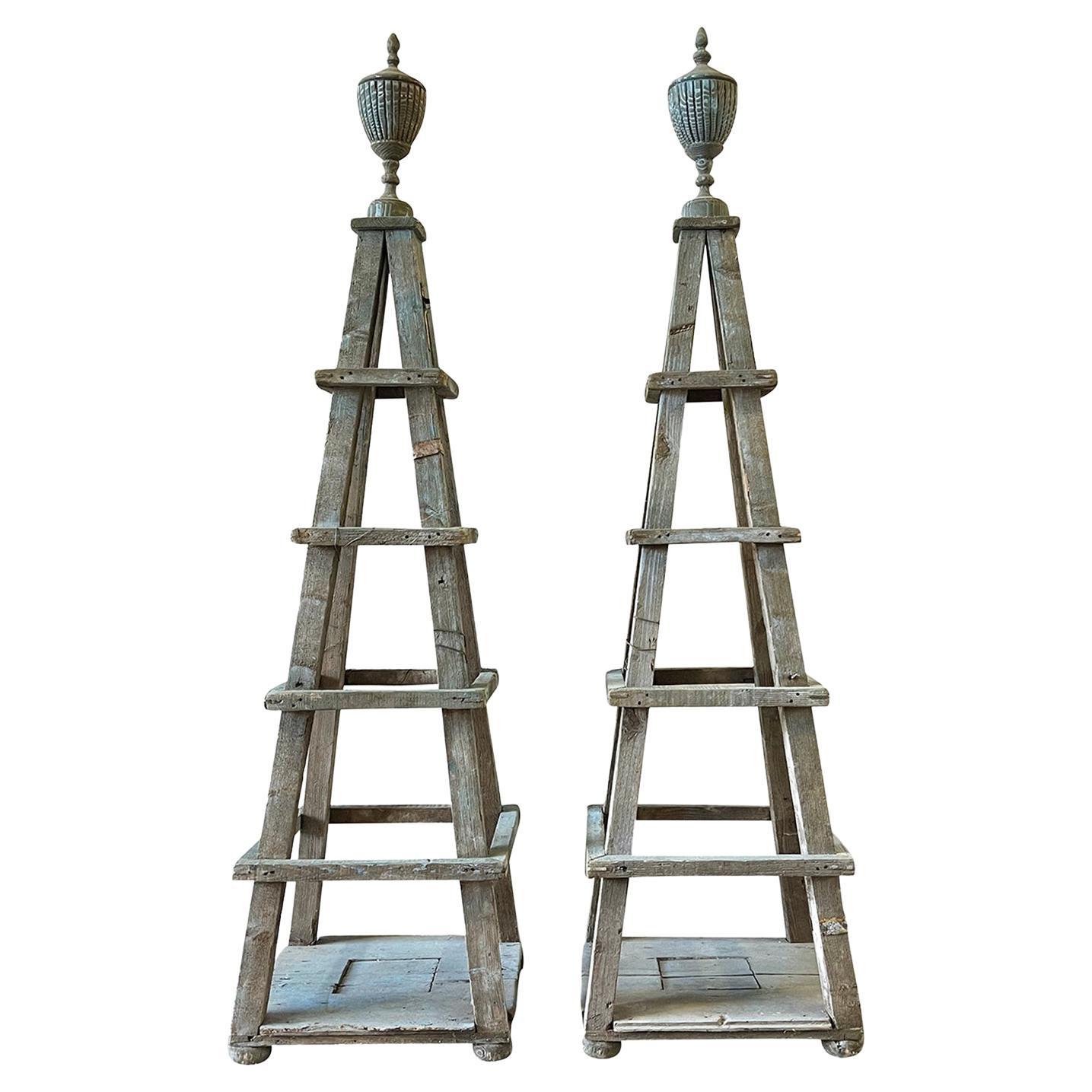 19th Century Pair of Tall French Antique Pinewood Garden Obelisks