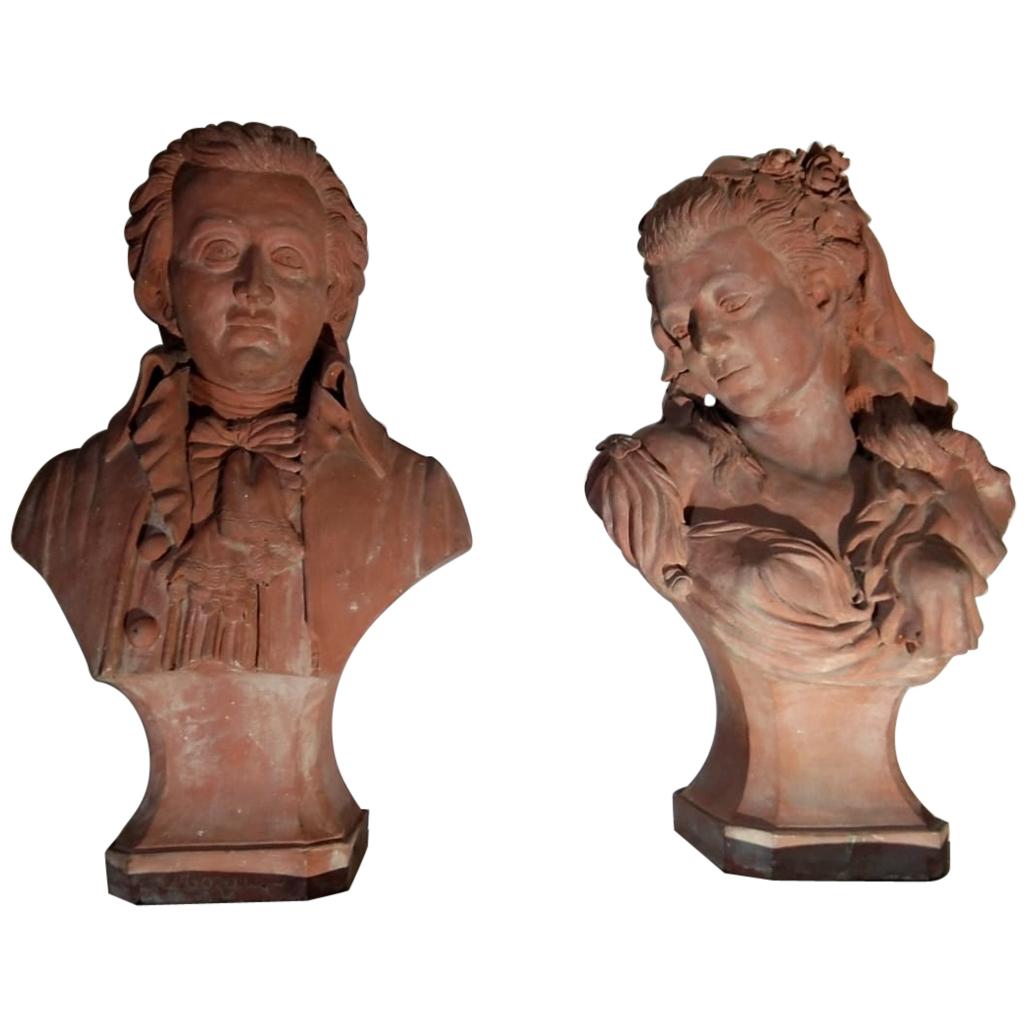 19th Century Pair of Terracotta Buste of Mozart and Constance For Sale