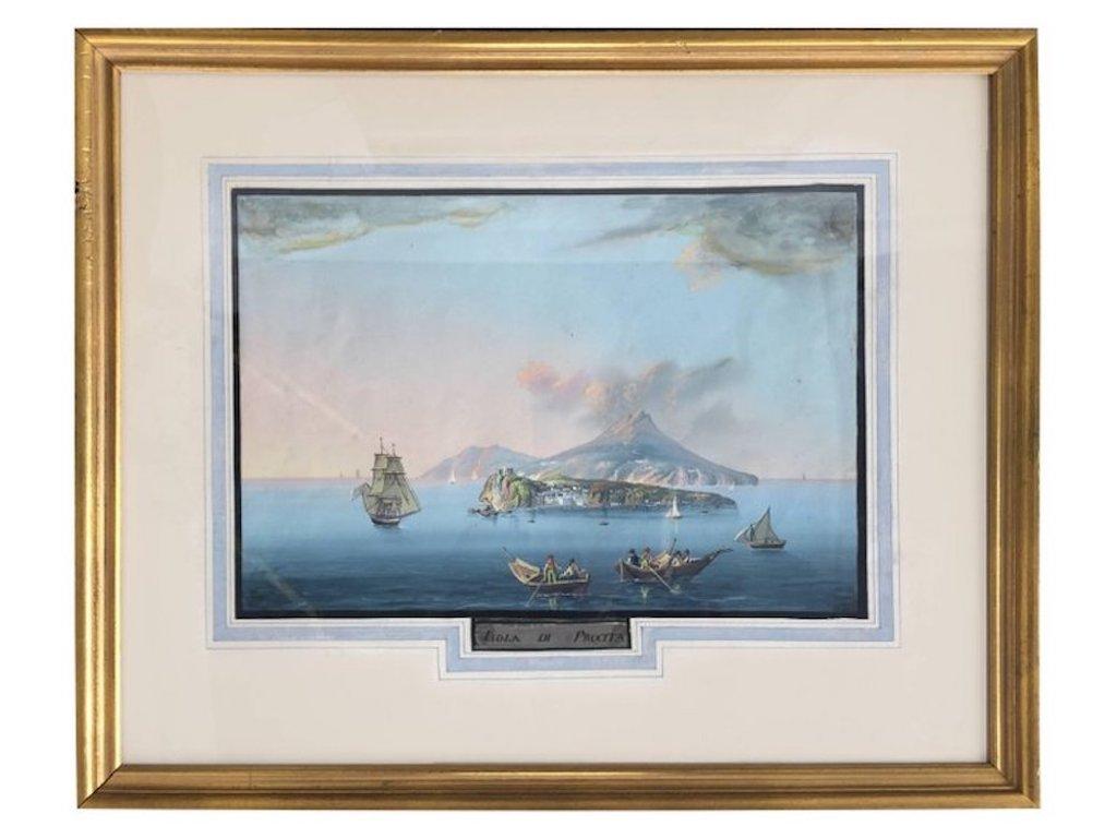 19th Century Pair of the Bay of Naples Gouache Paintings For Sale 1