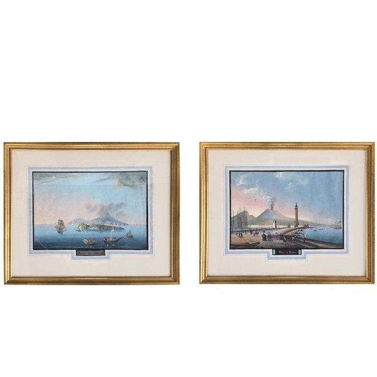 19th Century Pair of the Bay of Naples Gouache Paintings For Sale