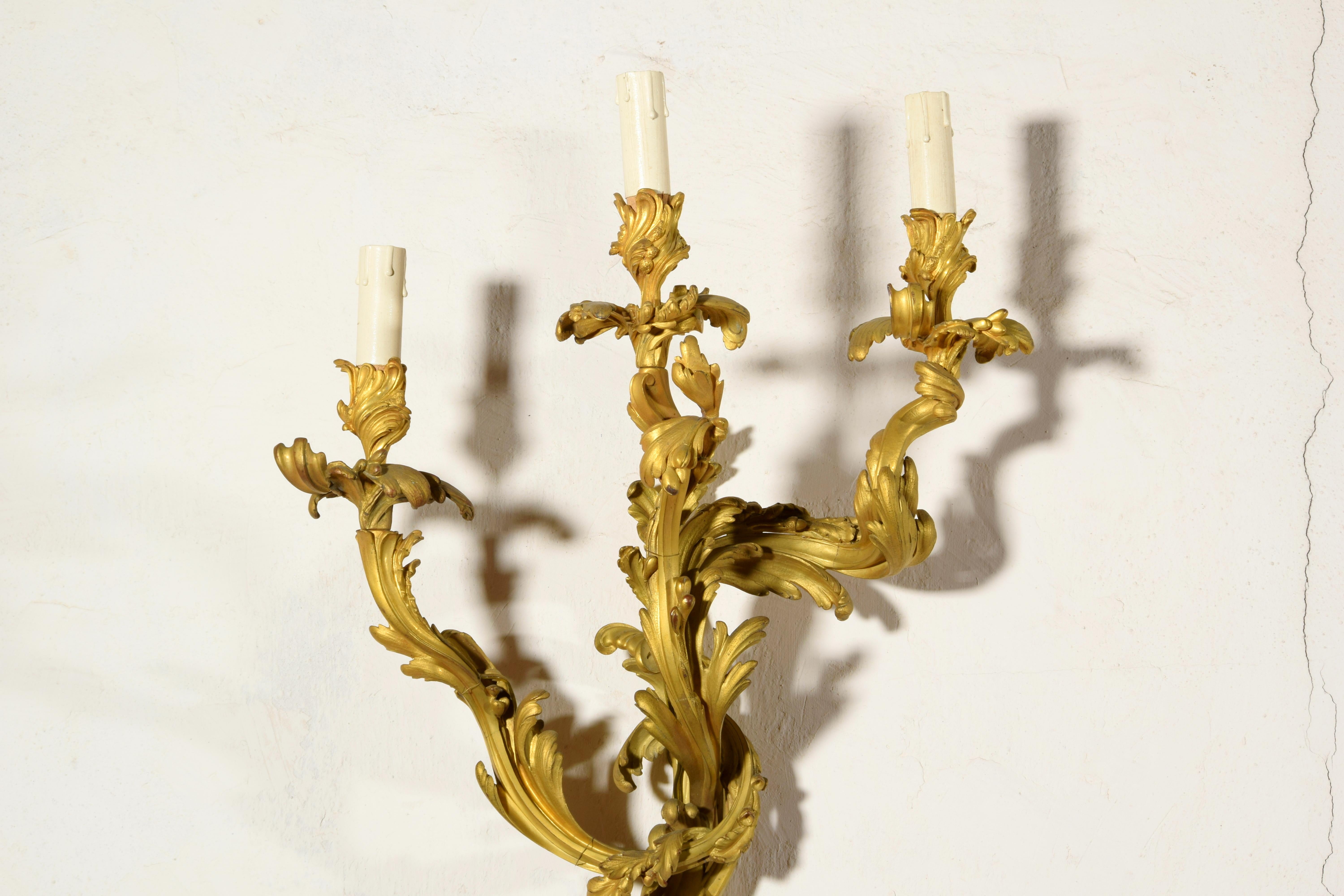 19th Century Pair of Three-Light Gilt Bronze French Louis XV Style Appliques For Sale 11