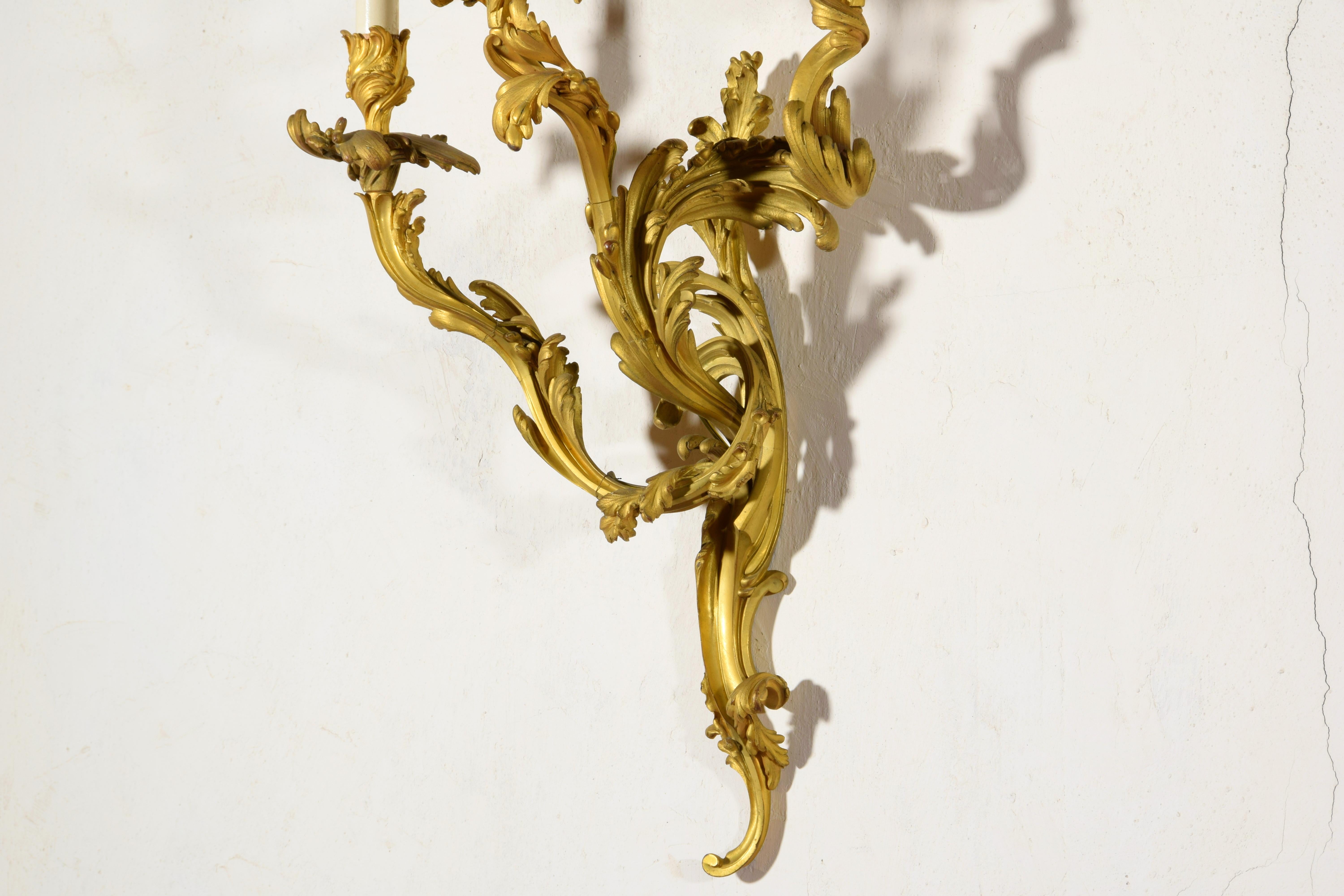 Paar dreiflammige vergoldete Bronze-Applikationen im französischen Louis-XV-Stil des 19. Jahrhunderts im Angebot 12