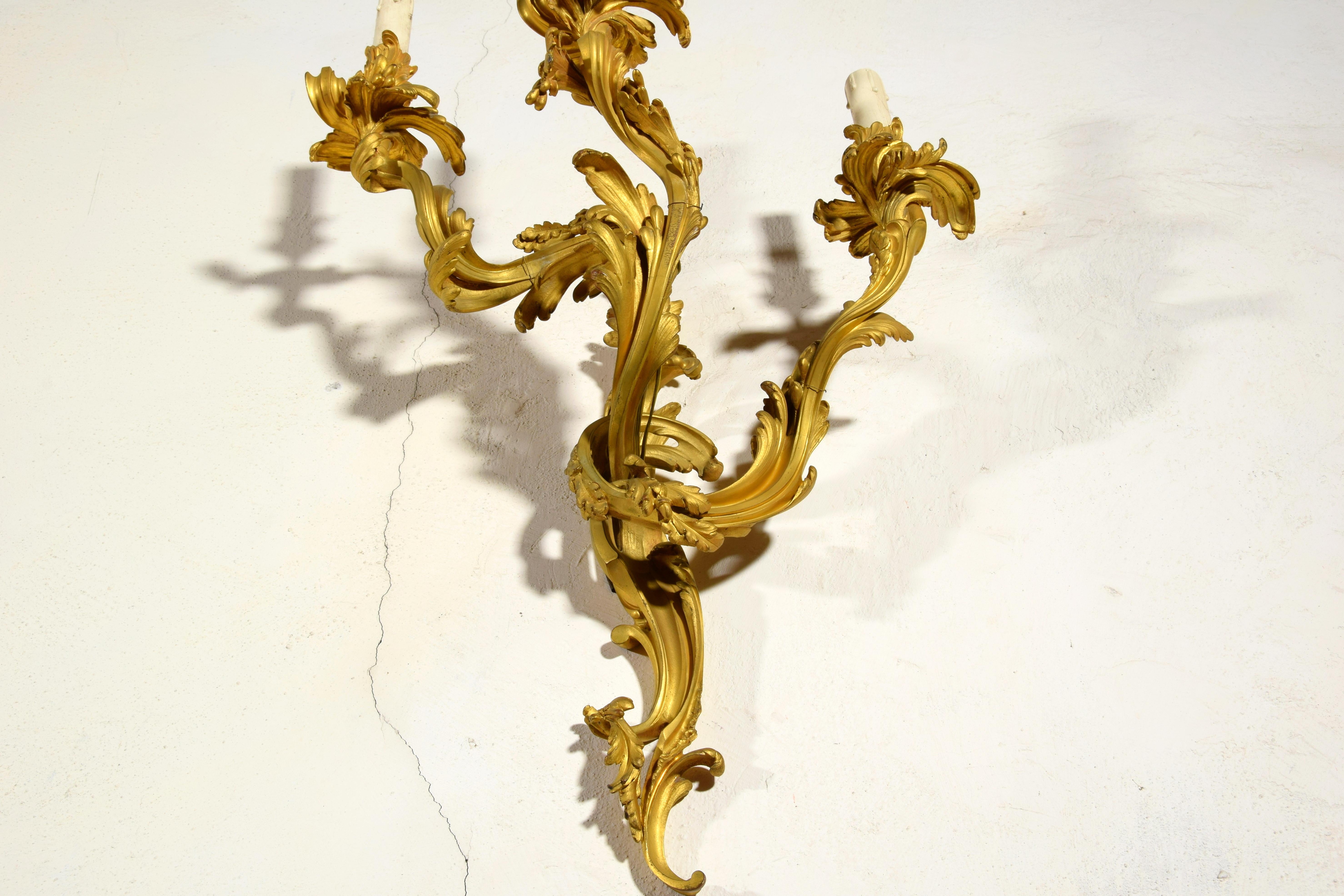 Paar dreiflammige vergoldete Bronze-Applikationen im französischen Louis-XV-Stil des 19. Jahrhunderts im Angebot 14