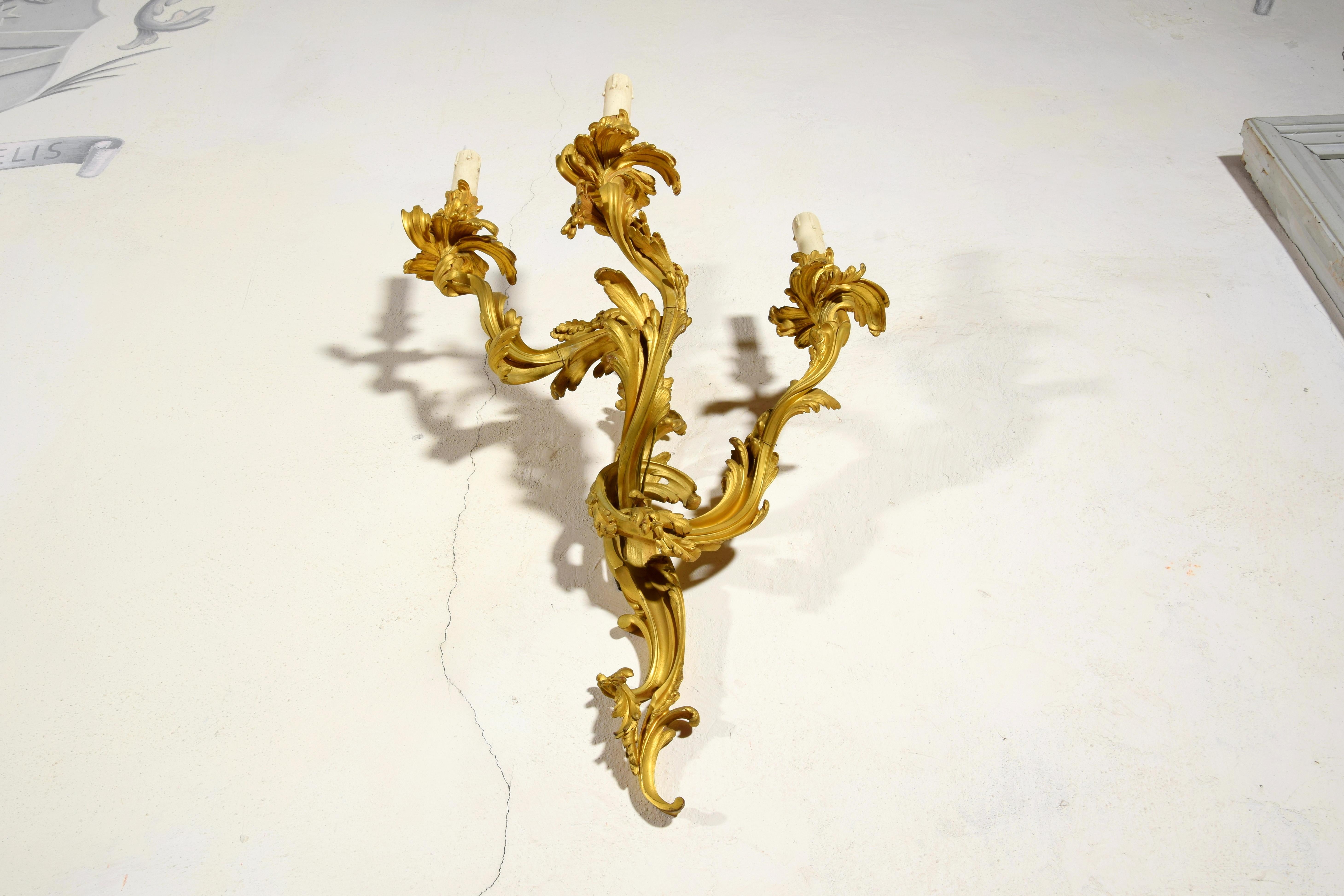 Paar dreiflammige vergoldete Bronze-Applikationen im französischen Louis-XV-Stil des 19. Jahrhunderts (Vergoldet) im Angebot