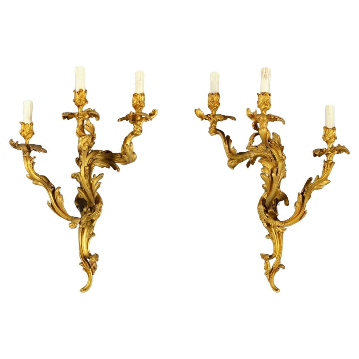 19th Century Pair of Three-Light Gilt Bronze French Louis XV Style Appliques