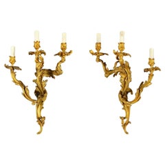 19th Century Pair of Three-Light Gilt Bronze French Louis XV Style Appliques