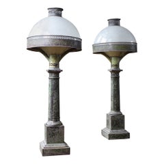 19th Century Pair of Toleware Originally Painted Table Lamps Acid Etched Glass