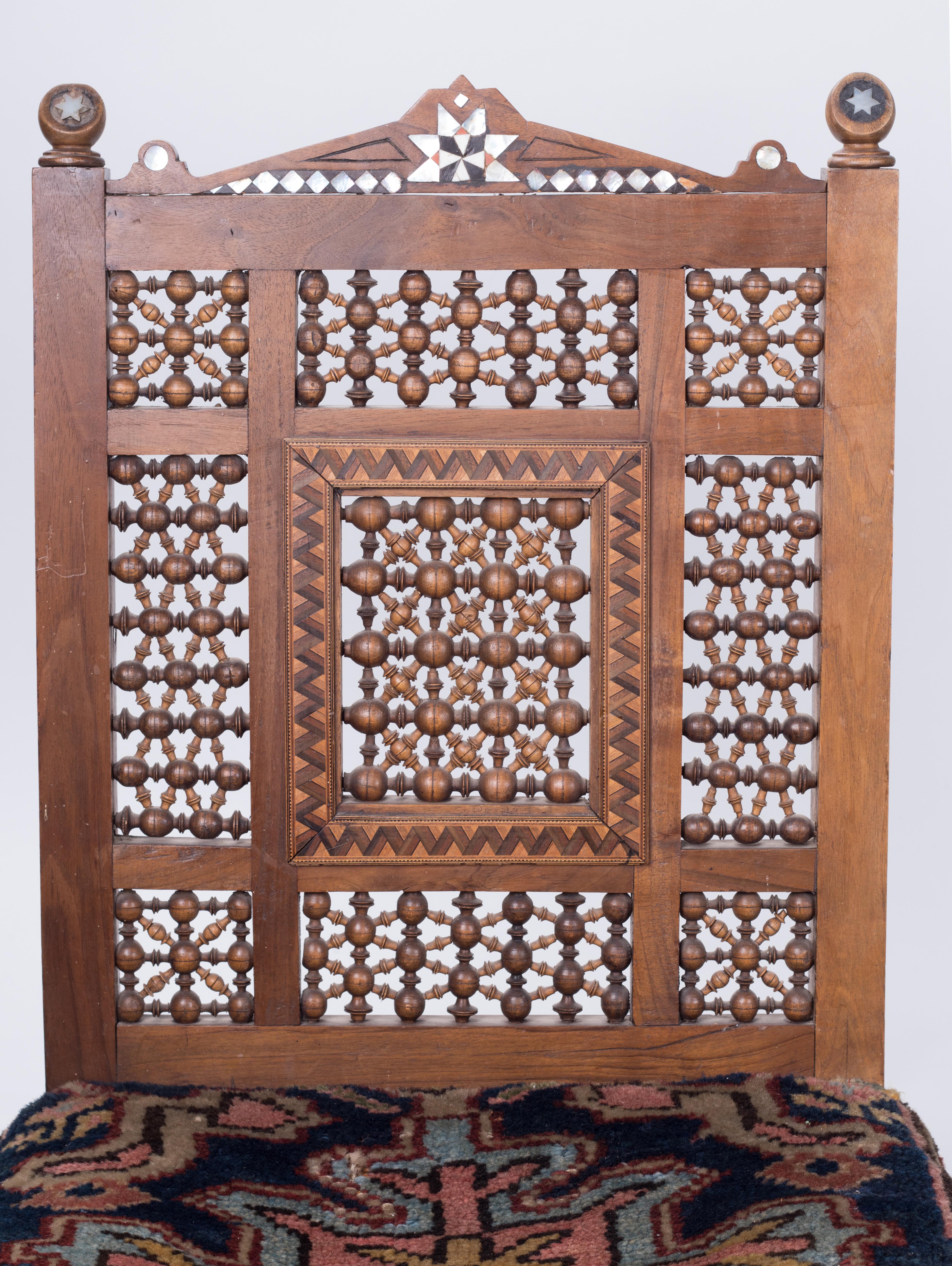 19th Century Pair of Turkish Richly Decorated Hand Carved Wooden Chairs 5