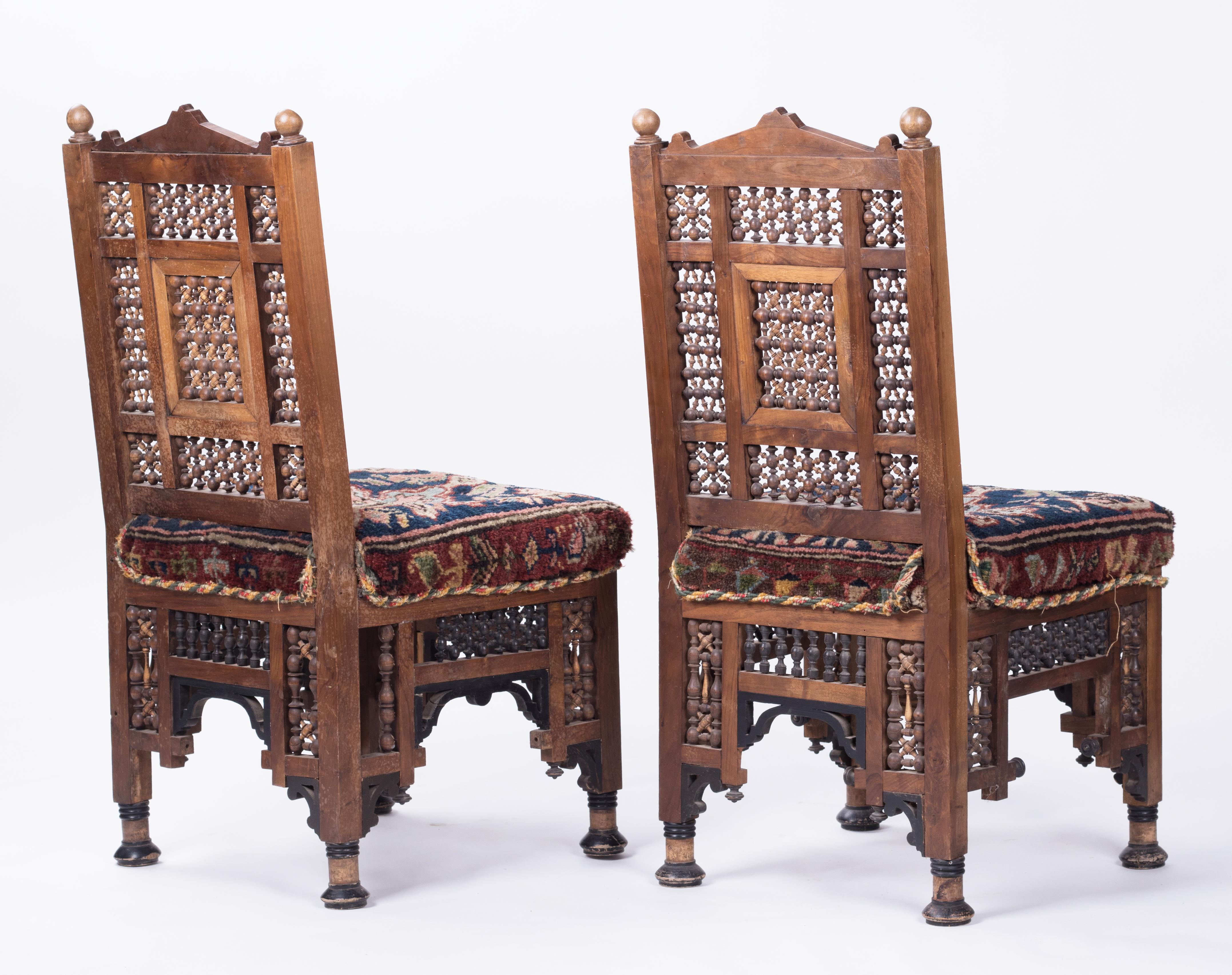 19th Century Pair of Turkish Richly Decorated Hand Carved Wooden Chairs 1