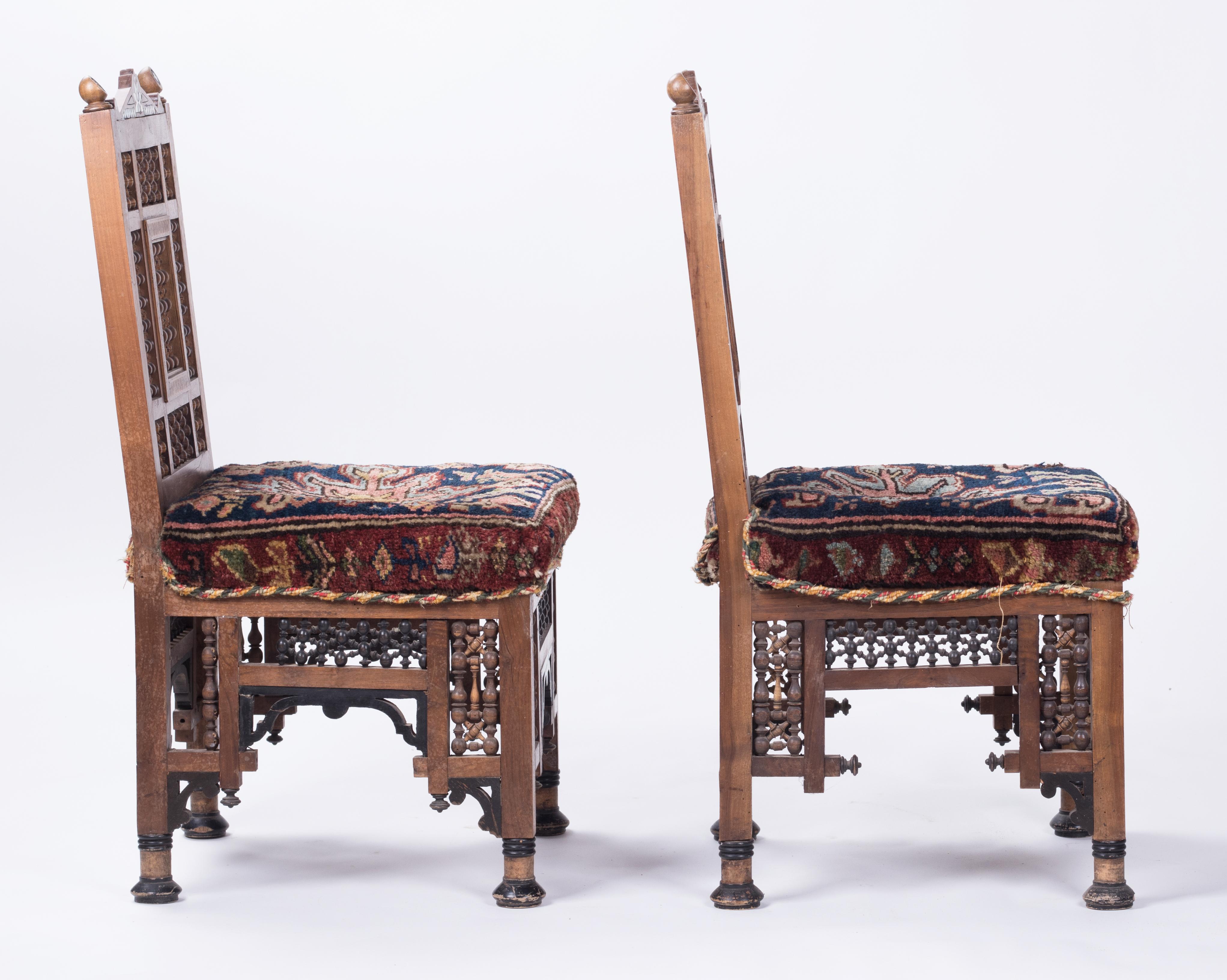 19th Century Pair of Turkish Richly Decorated Hand Carved Wooden Chairs 2
