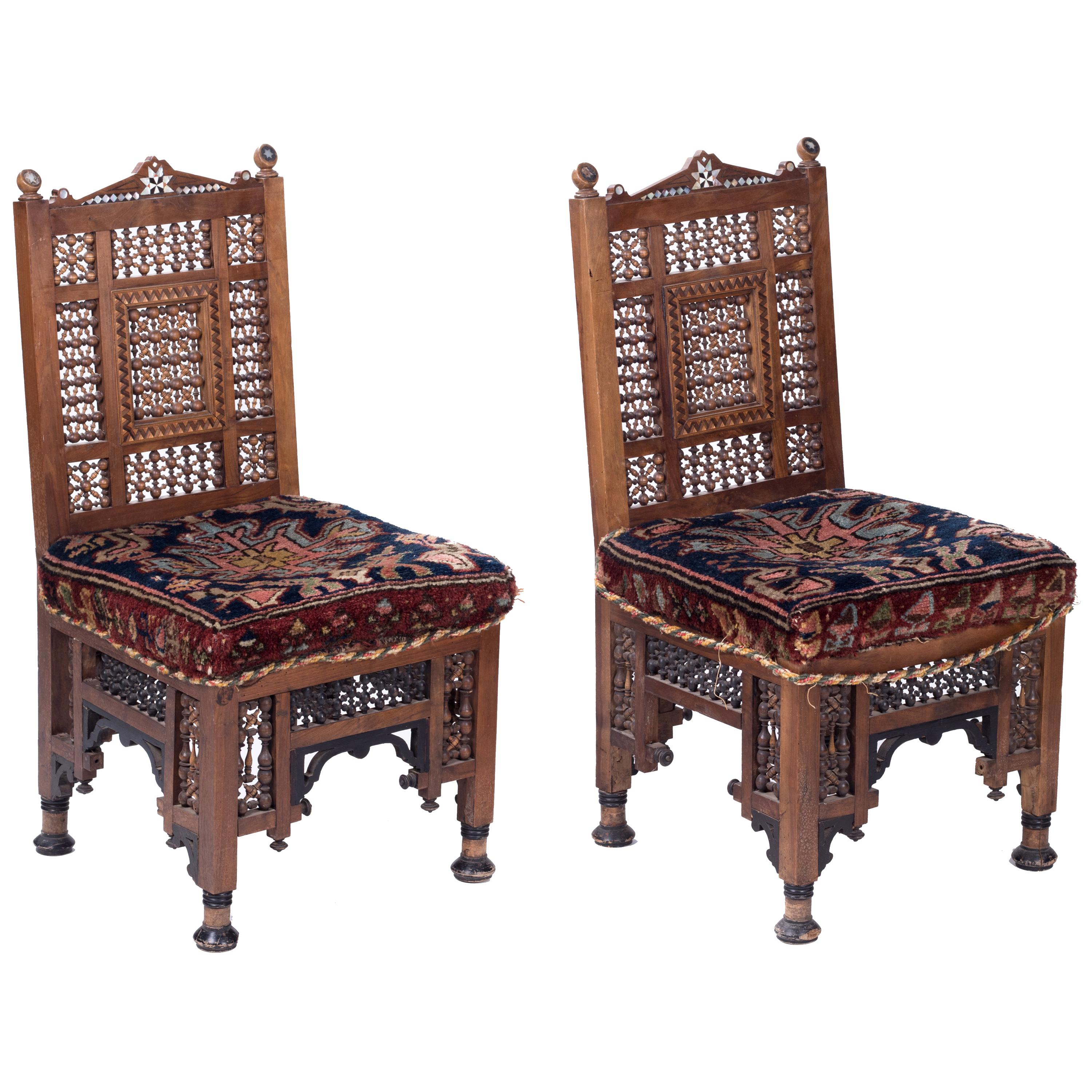 19th Century Pair of Turkish Richly Decorated Hand Carved Wooden Chairs