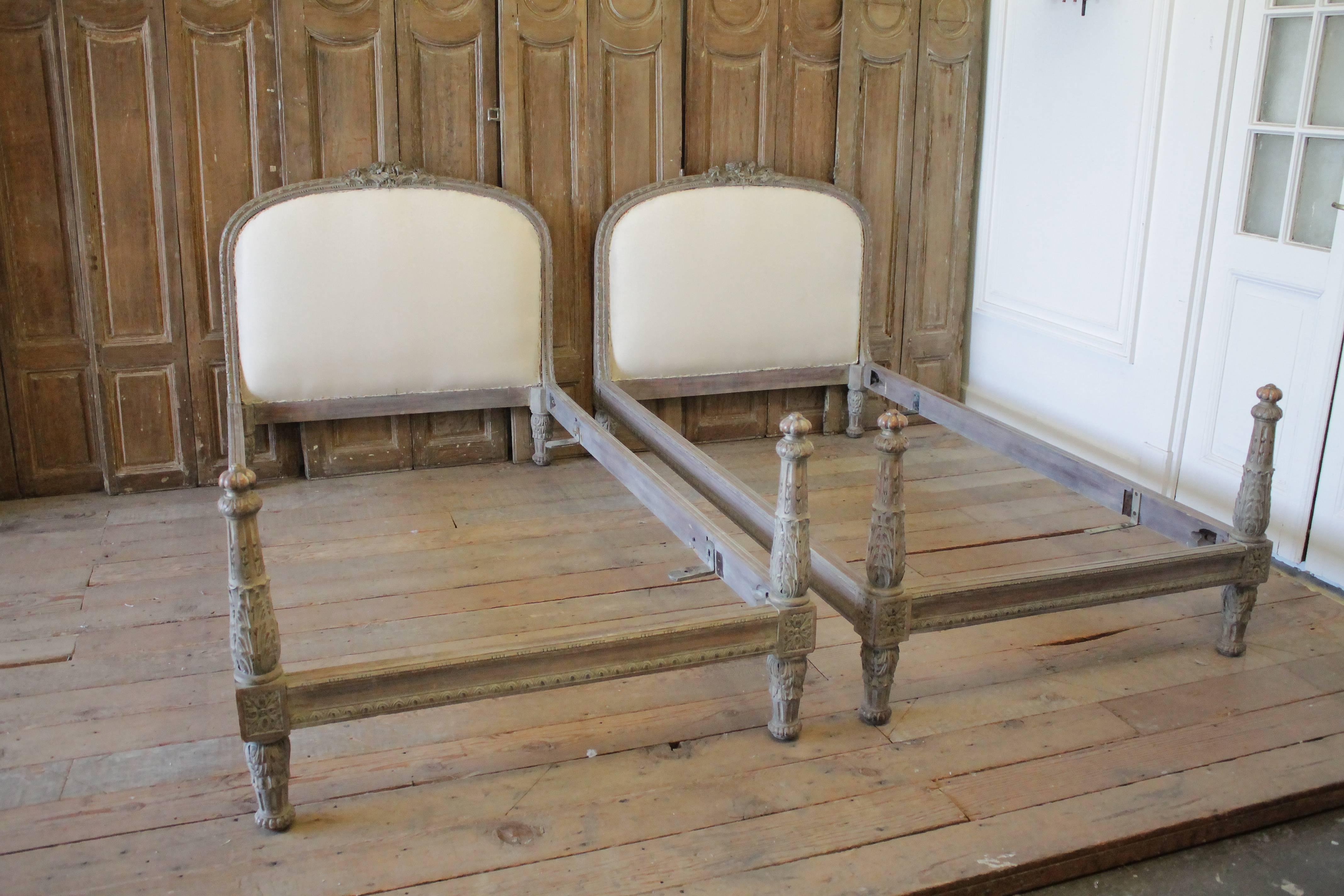 19th Century Pair of Twin Size Upholstered French Louis XVI Style Painted Beds In Good Condition In Old Town Orange, CA