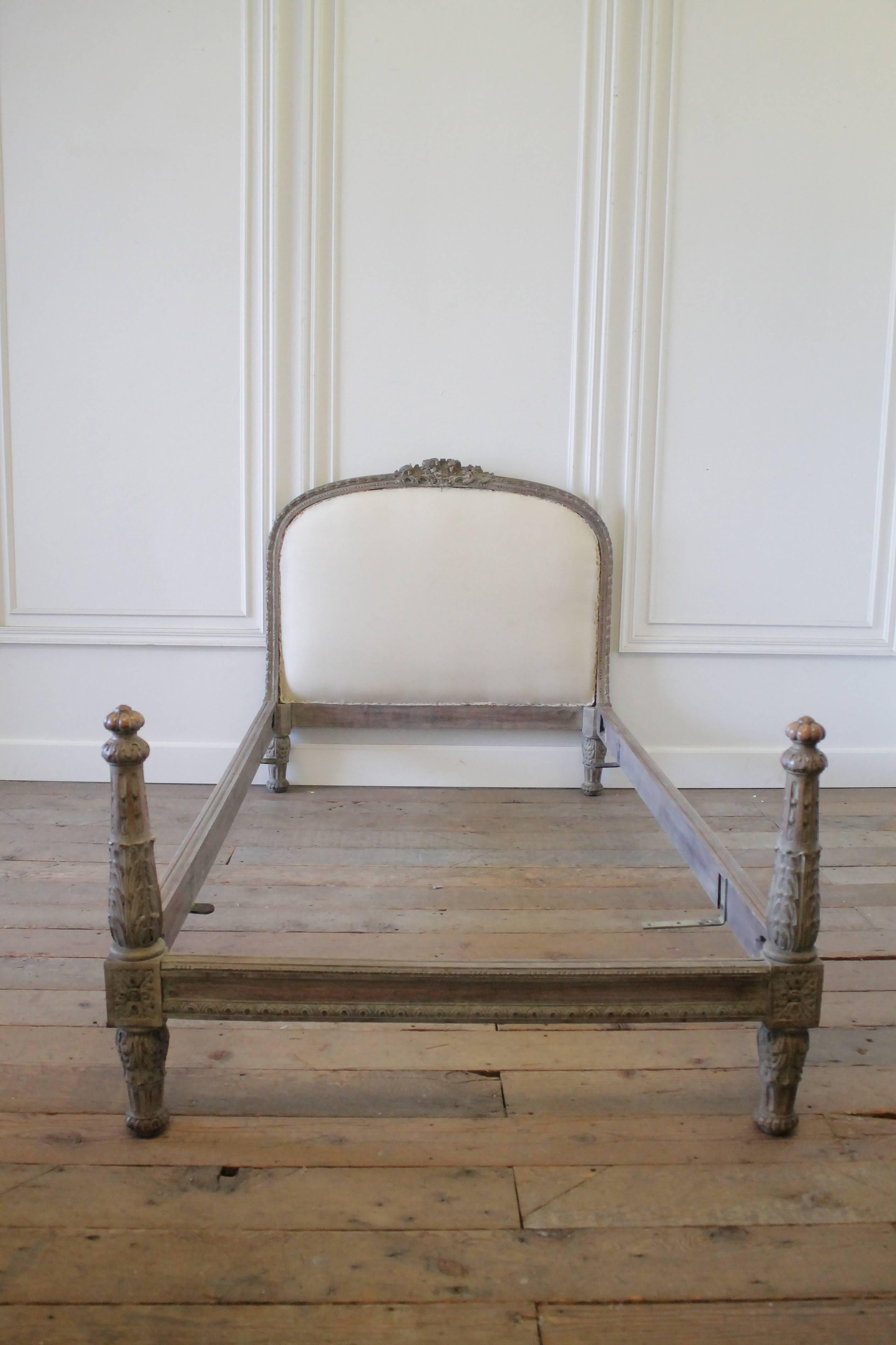 19th Century Pair of Twin Size Upholstered French Louis XVI Style Painted Beds 1