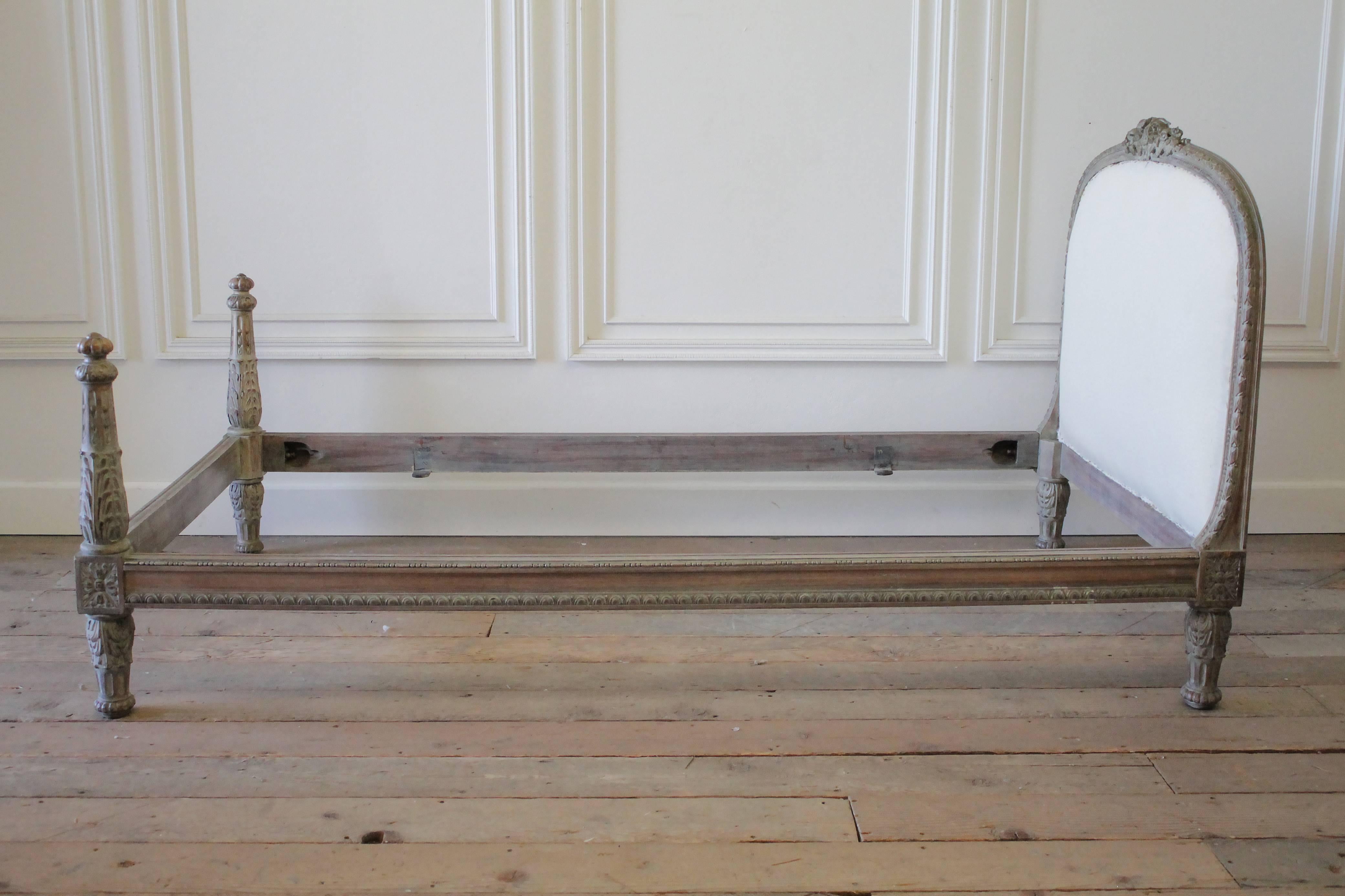 19th Century Pair of Twin Size Upholstered French Louis XVI Style Painted Beds 2