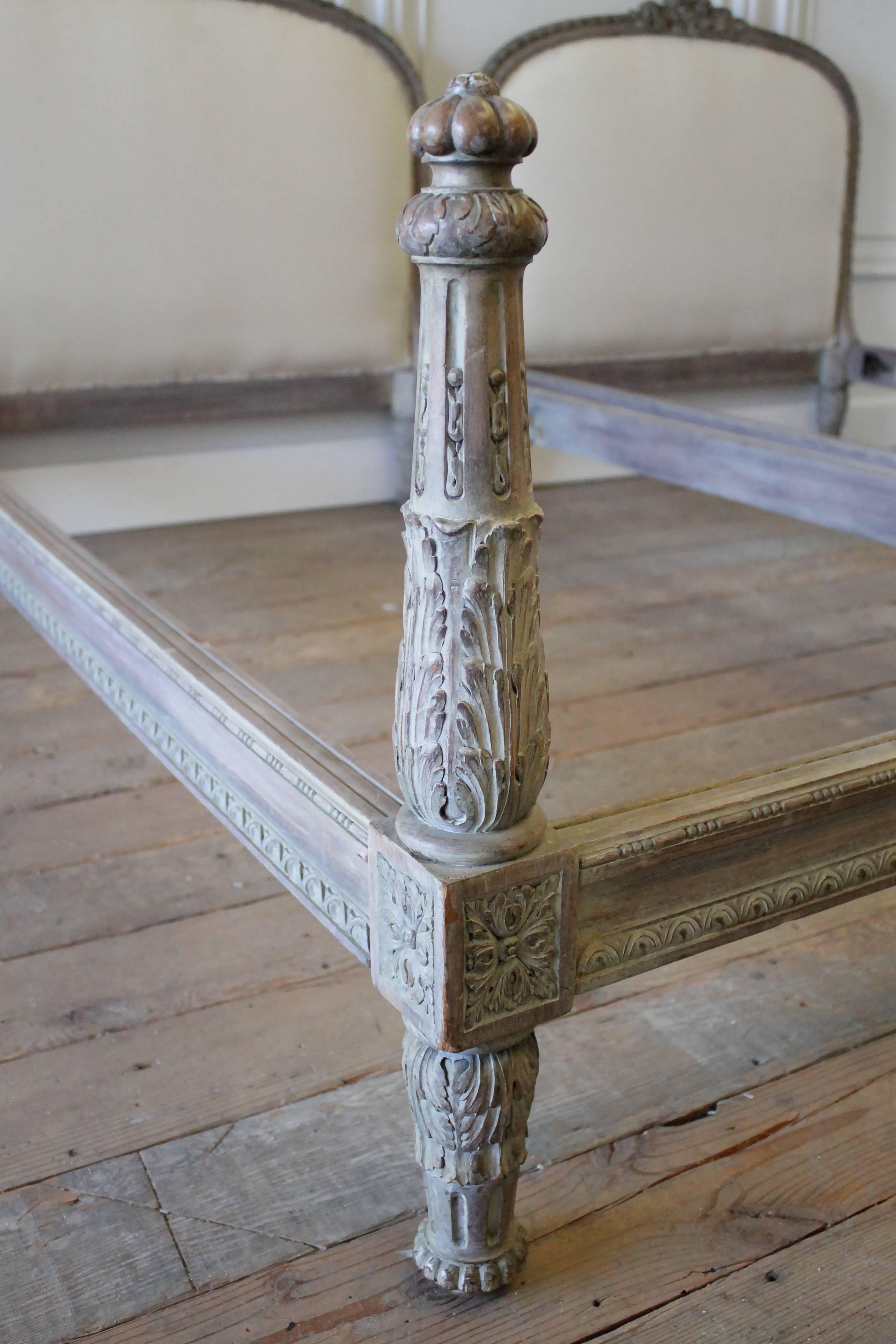 19th Century Pair of Twin Size Upholstered French Louis XVI Style Painted Beds 4