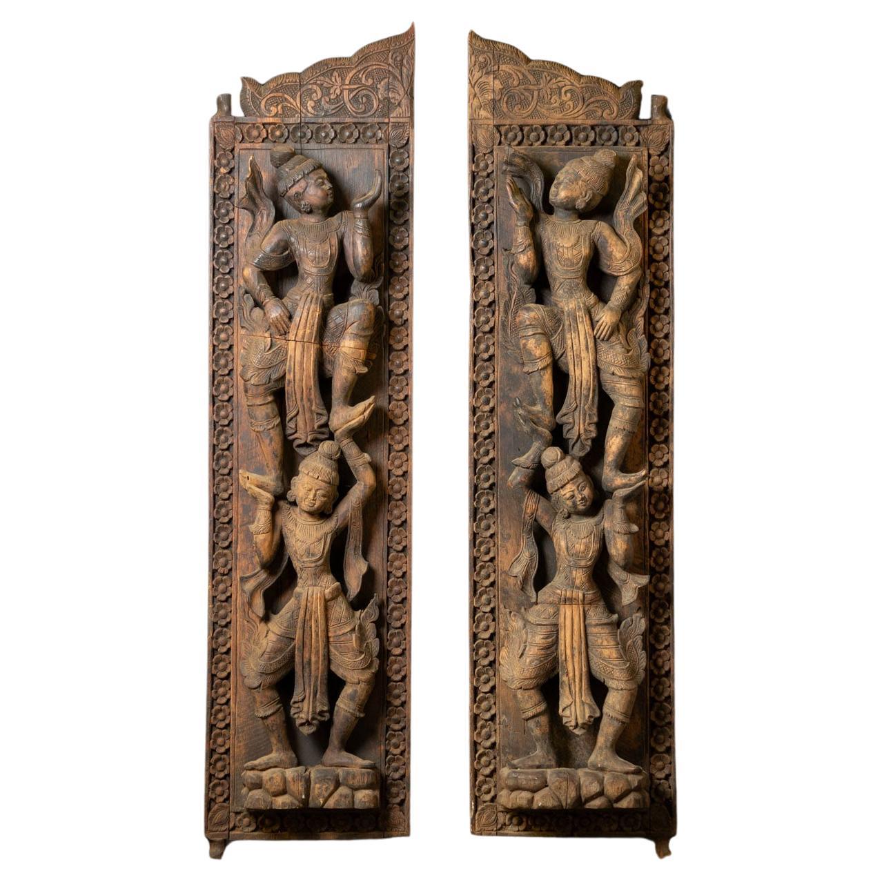19th century Pair of two antique wooden Burmese temple doors from Burma