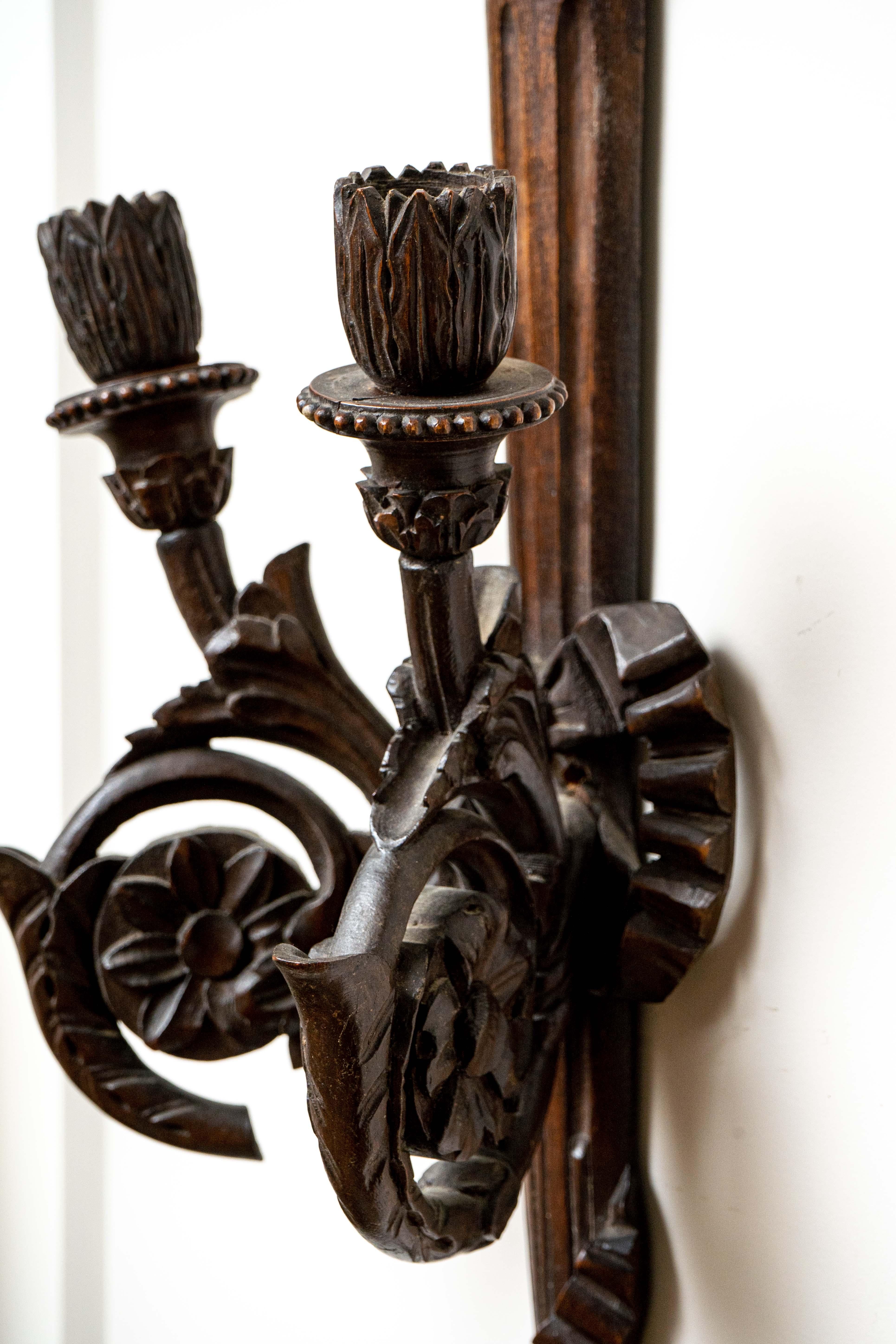 Napoleon III 19th Century Pair of Two Arm Carved Wood Quiver Sconces with Carved Arrows