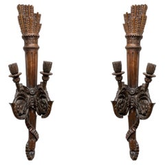 19th Century Pair of Two Arm Carved Wood Quiver Sconces with Carved Arrows