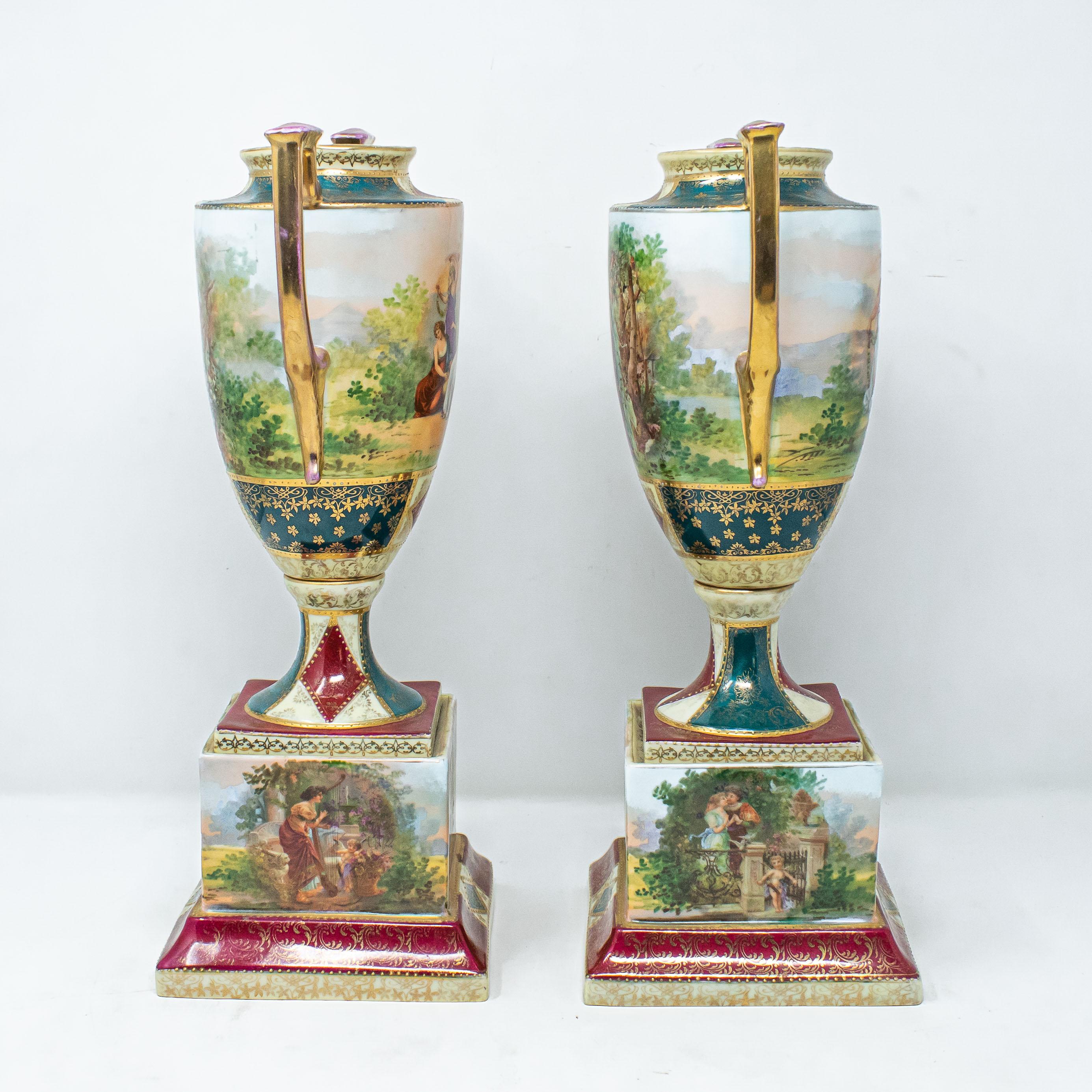 Enameled 19th Century Pair of Vases Porcelain Austrian Workshop For Sale