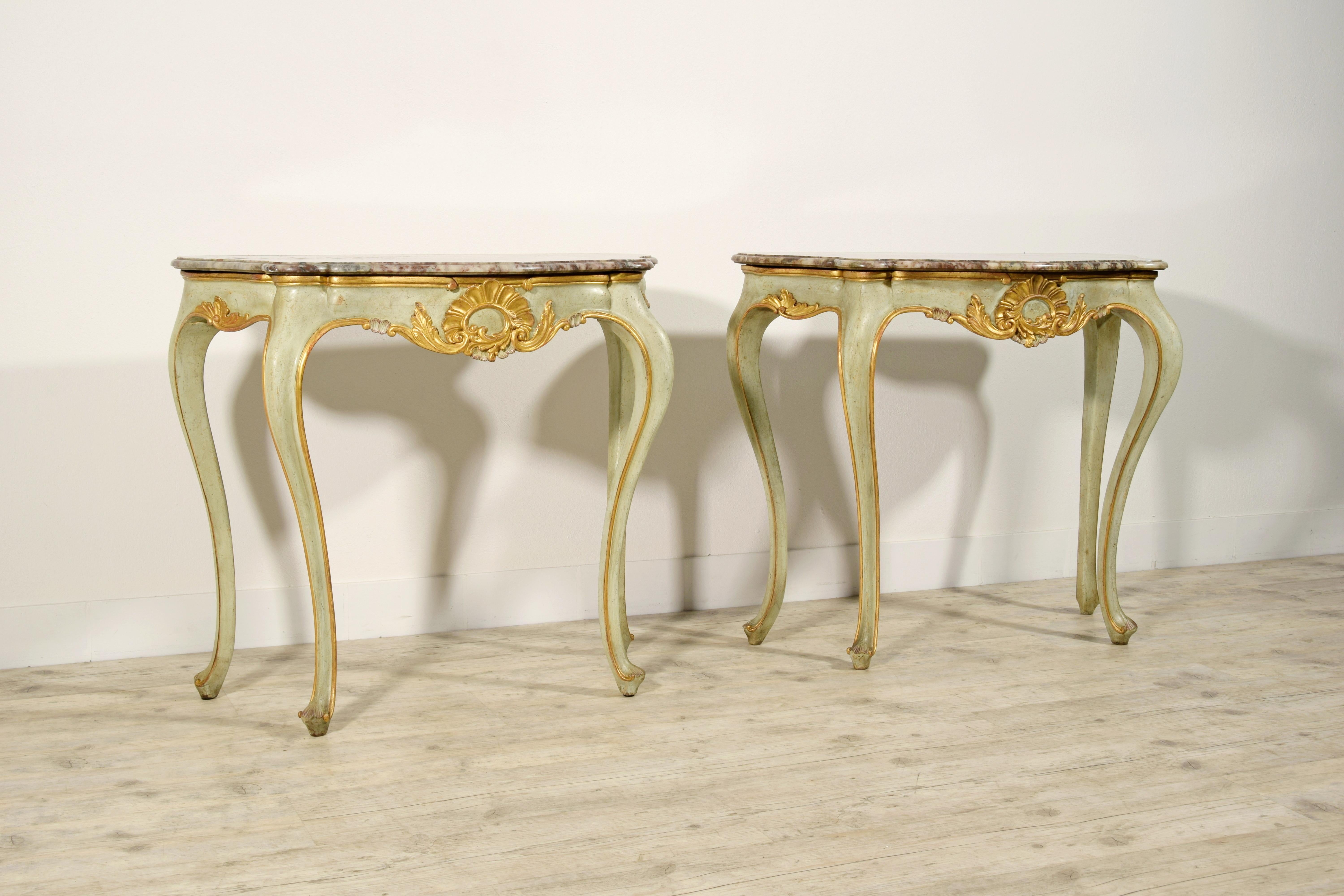 Italian 19th Century, Pair of Venetian Louis XV style Lacquered Woos Consoles For Sale