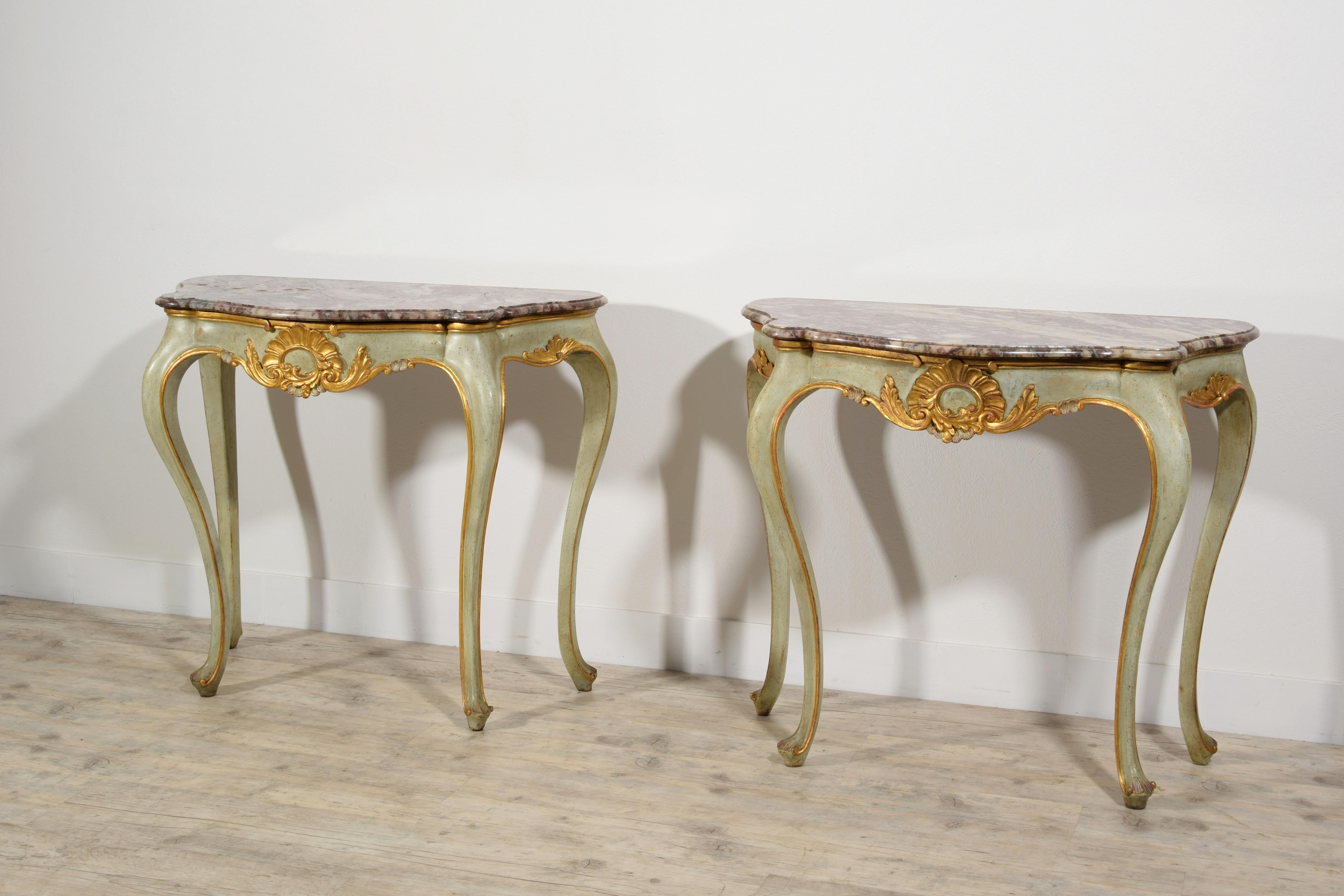 Hand-Carved 19th Century, Pair of Venetian Louis XV style Lacquered Woos Consoles For Sale