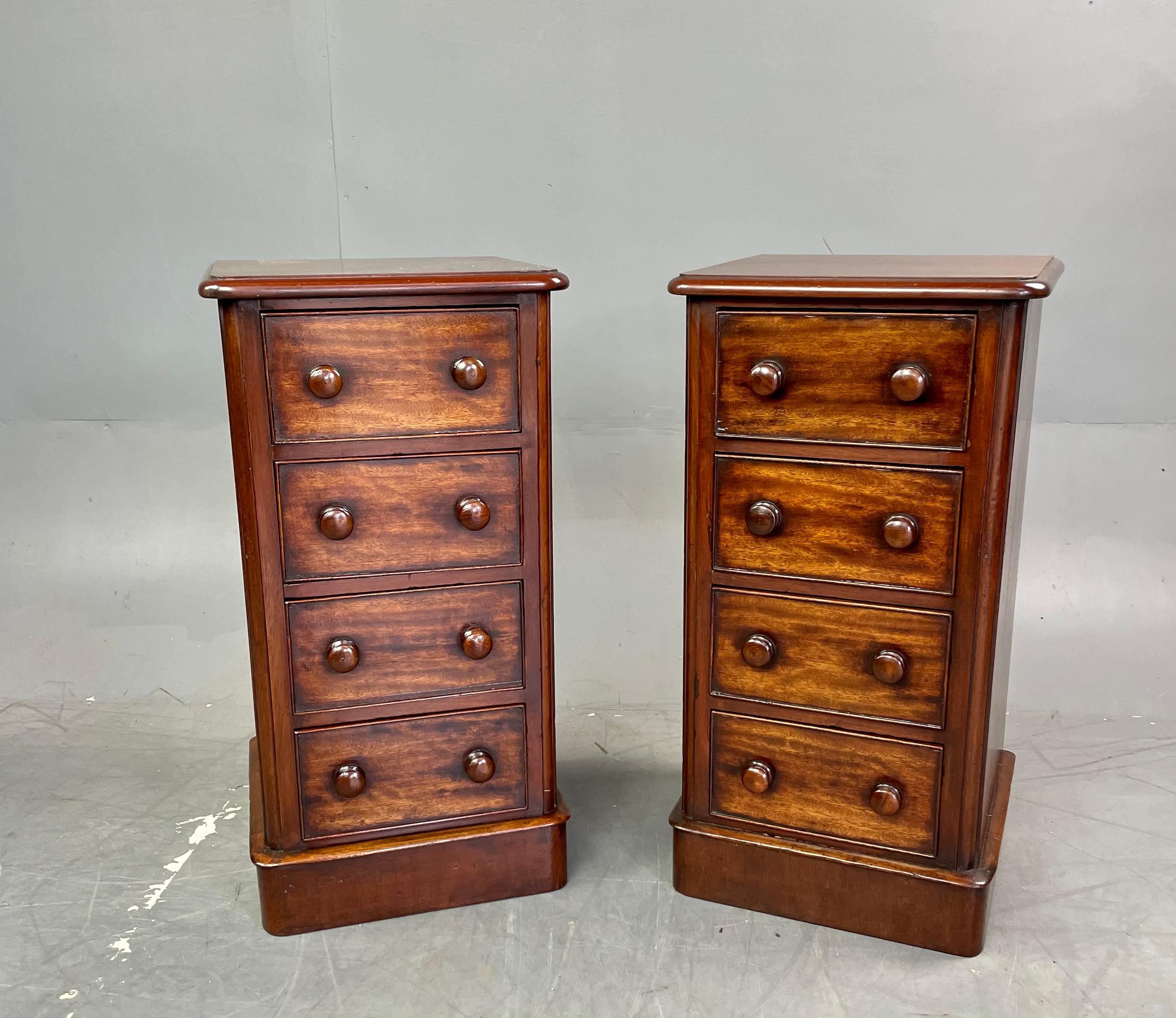 Good quality pair of Victorian mahogany bedside chests circa 1880 .
The chests are very well proportioned each with four graduating drawers that are hand dovetailed and all slide nice and smooth as they should .
They are in very good clean condition
