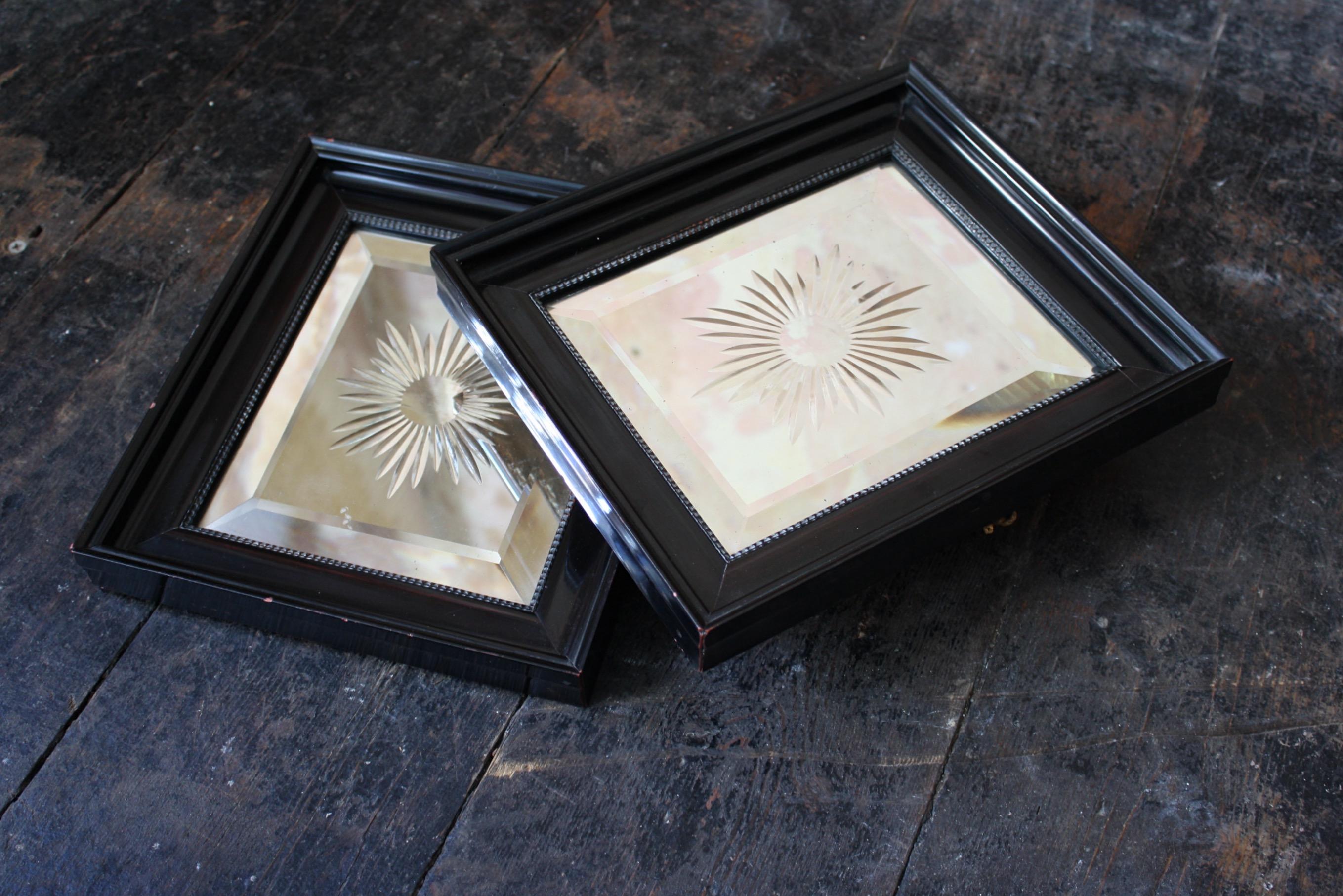 English 19th Century Pair of Victorian Cut & Faceted Glass Mirrors Ebonised Frames For Sale