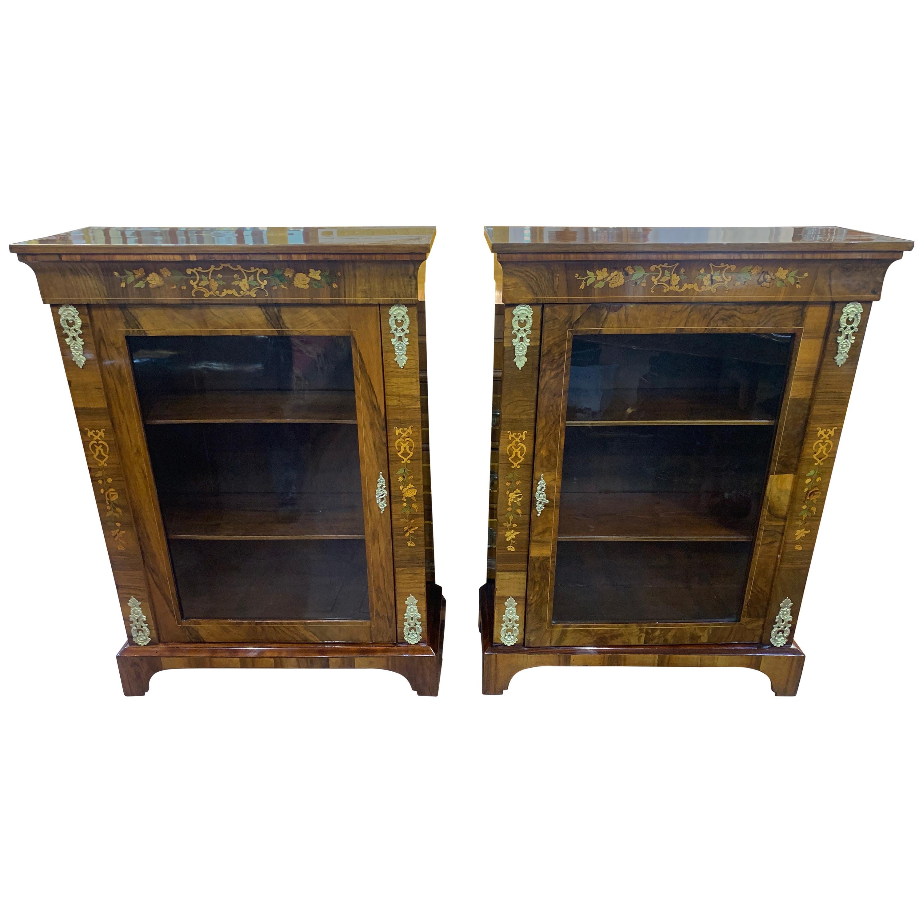 19th Century Pair of Victorian Pier Cabinet Walnut Inlaid, 1870s