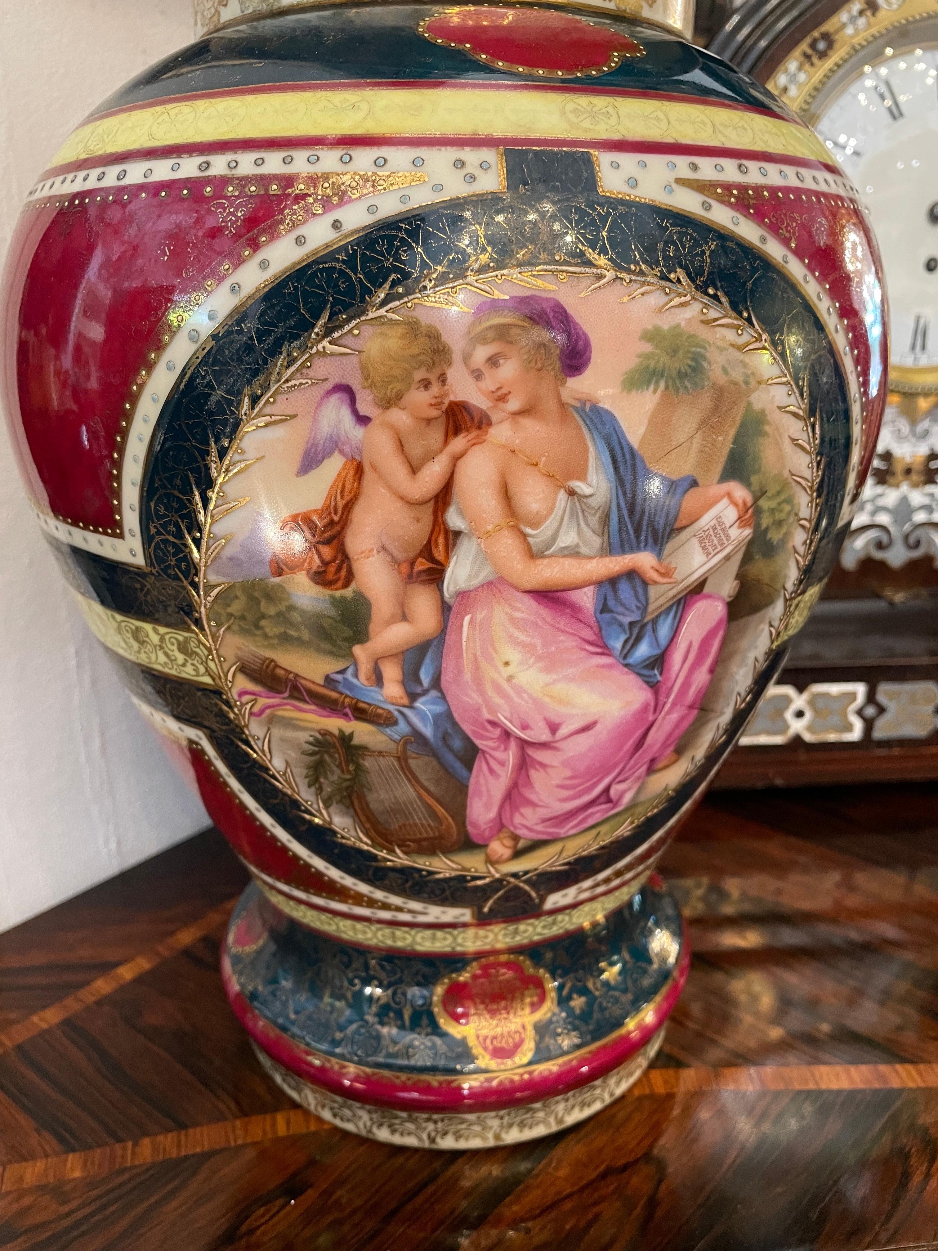 19th Century Pair of Vienna Porcelain Vases Purple Red Ground Green and Gold 8