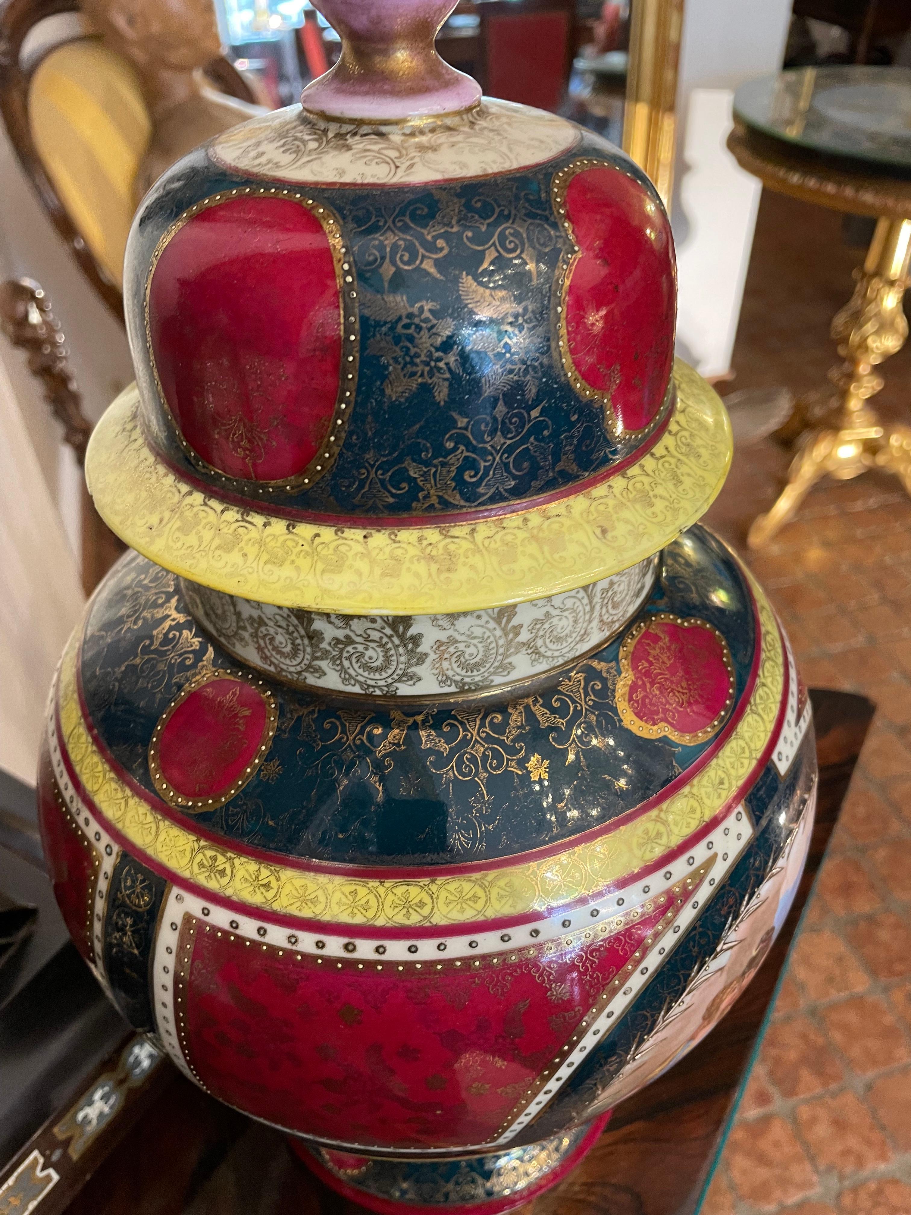 19th Century Pair of Vienna Porcelain Vases Purple Red Ground Green and Gold 10