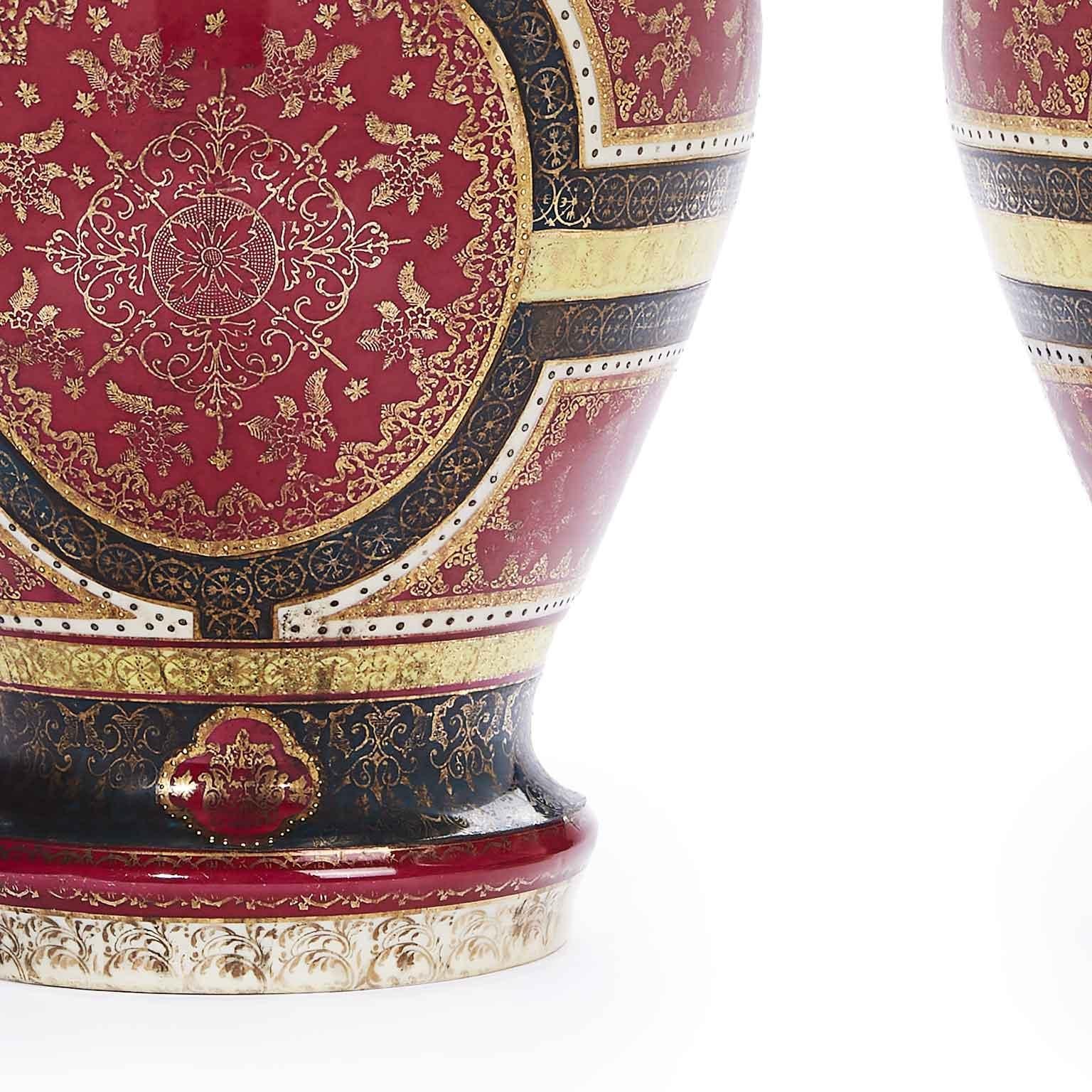 19th Century Pair of Vienna Porcelain Vases Purple Red Ground Green and Gold In Good Condition In Milano, MI
