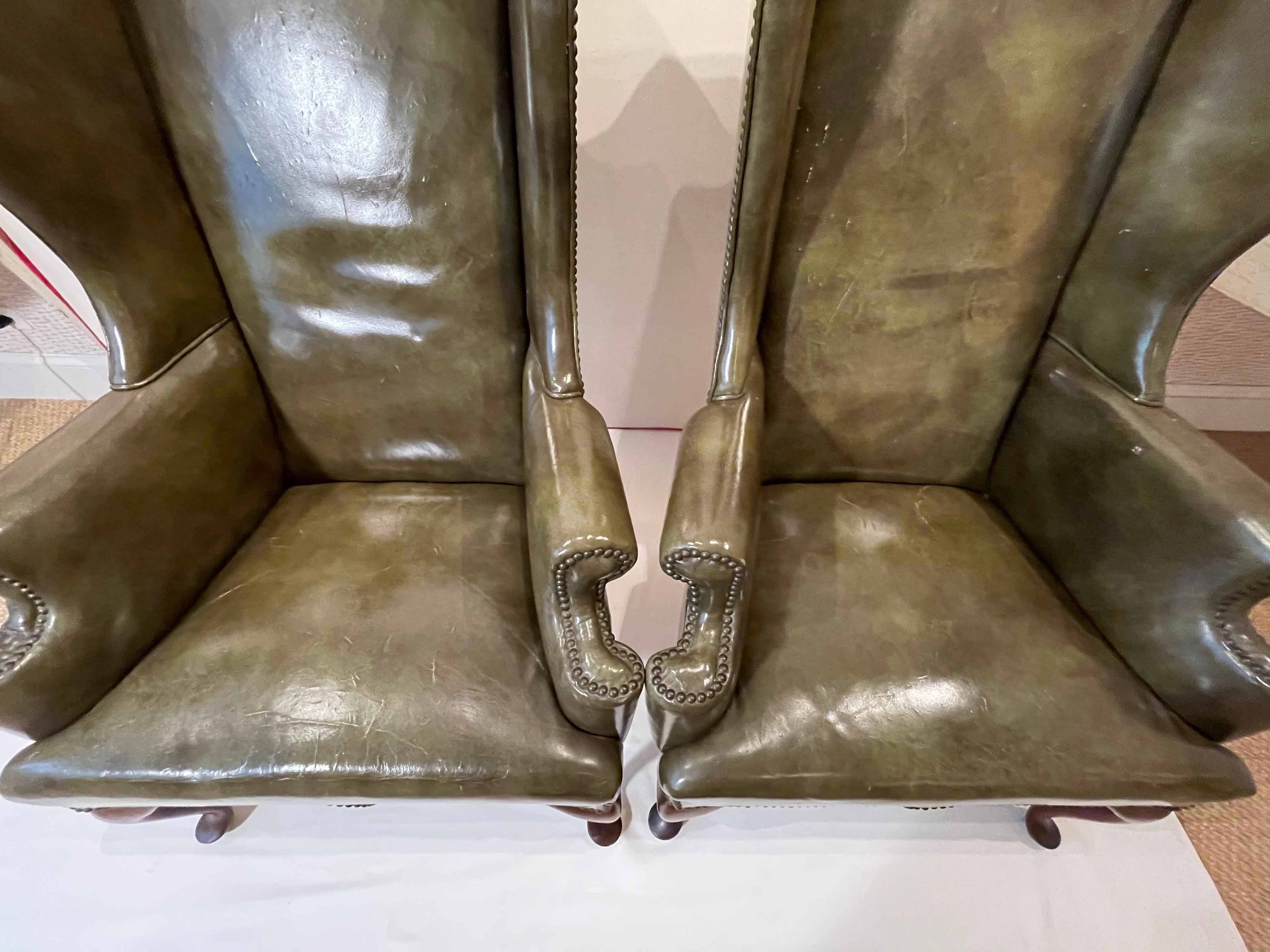 19th Century Pair of Walnut Wing Armchairs in Olive Green Leather 5