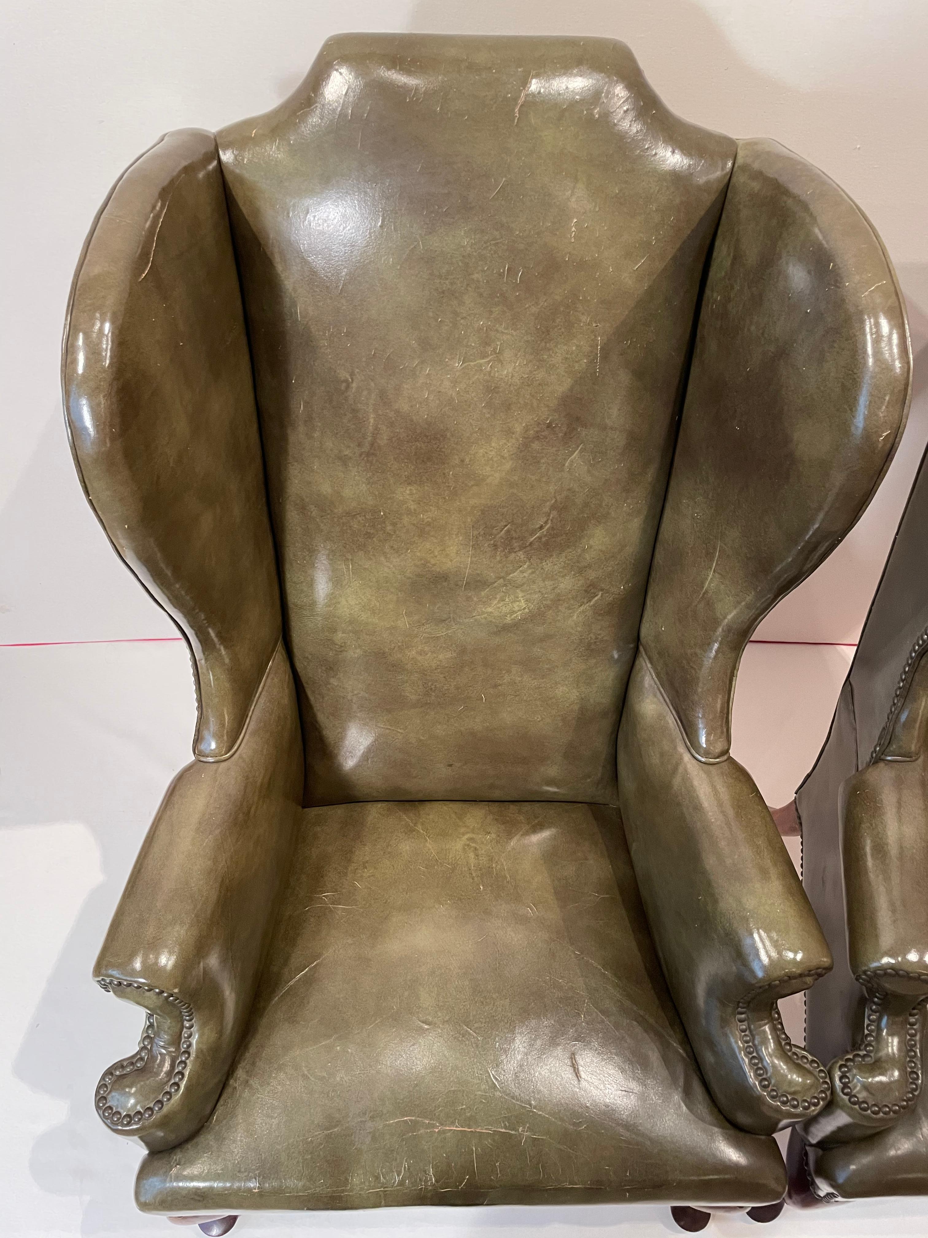 19th Century Pair of Walnut Wing Armchairs in Olive Green Leather In Good Condition In Palm Beach, FL