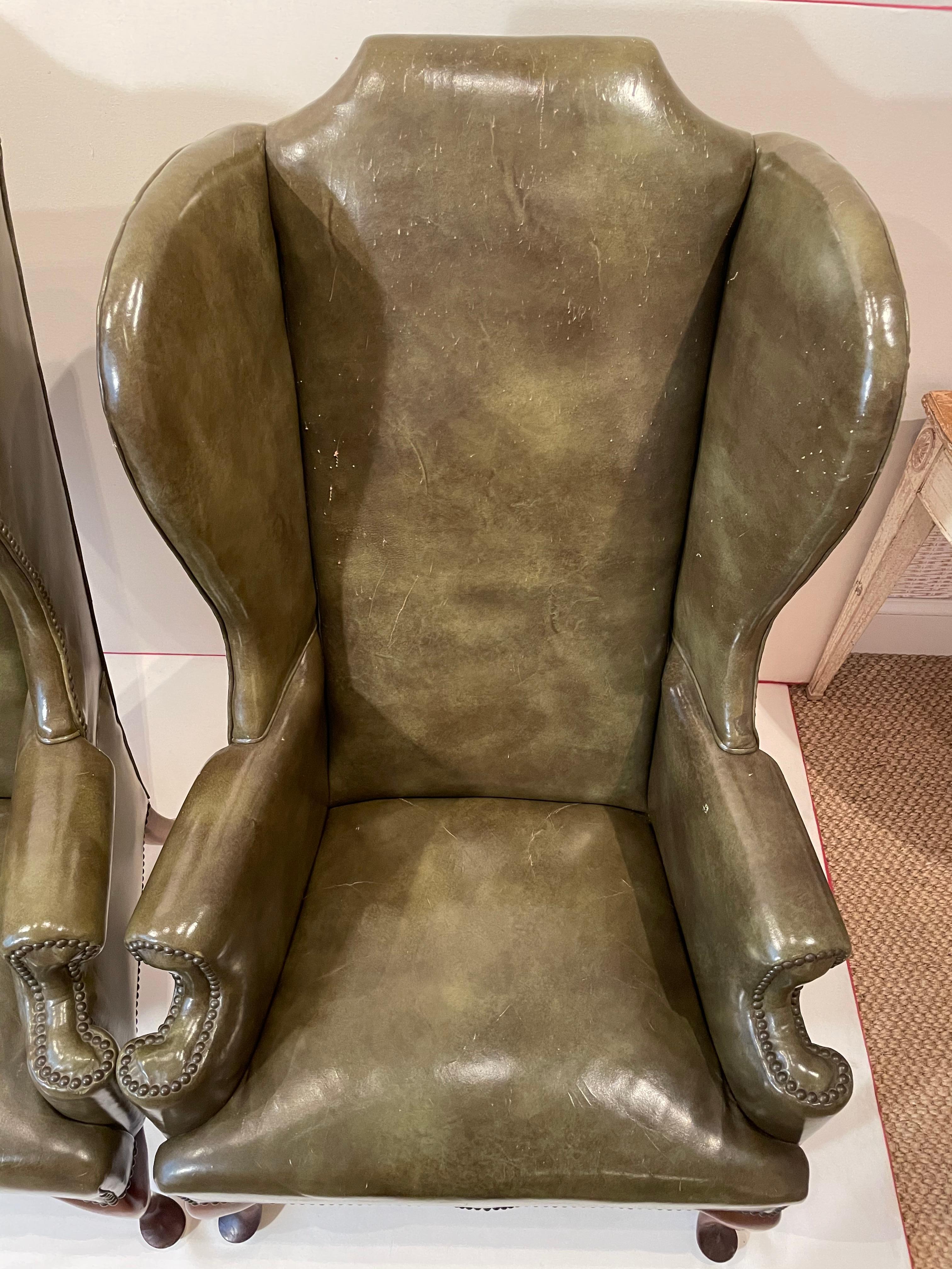 Mid-19th Century 19th Century Pair of Walnut Wing Armchairs in Olive Green Leather