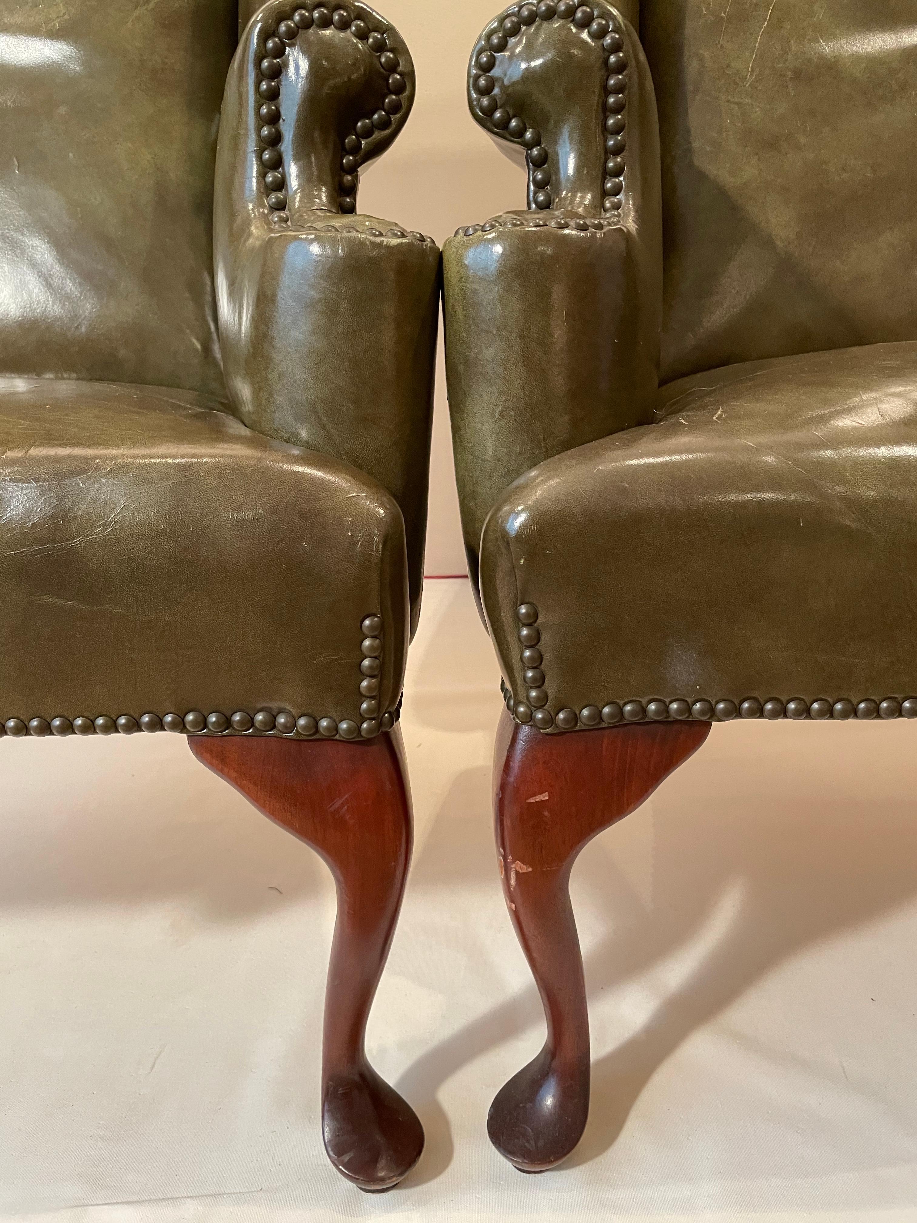 19th Century Pair of Walnut Wing Armchairs in Olive Green Leather 1
