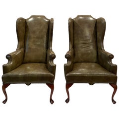 19th Century Pair of Walnut Wing Armchairs in Olive Green Leather
